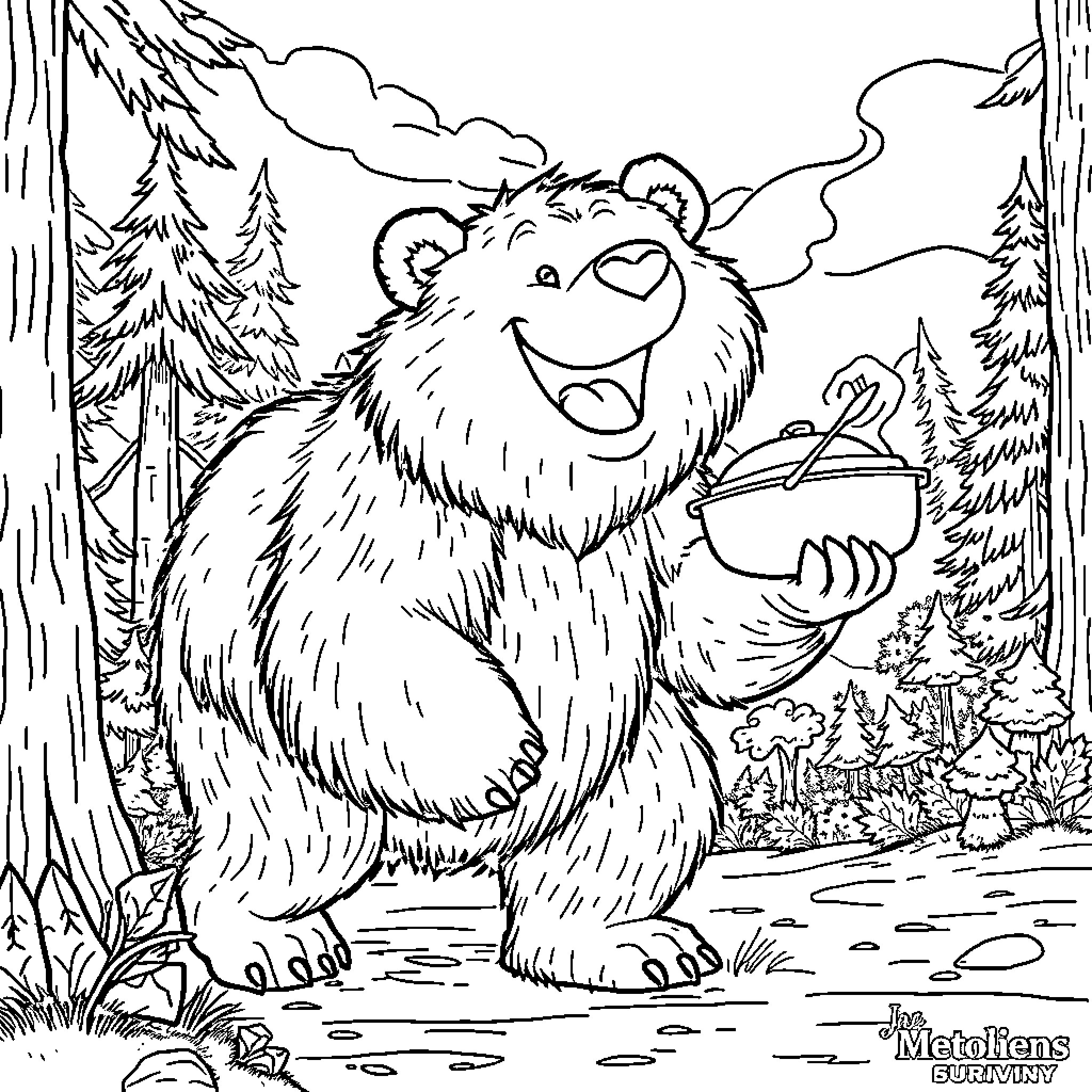 Grizzly Bear Enjoying a Tasty Meal in the Forest Coloring Page (free black-and-white line drawing printable PDF for all, from beginners to advanced learners, including children, teens, adults, and seniors)