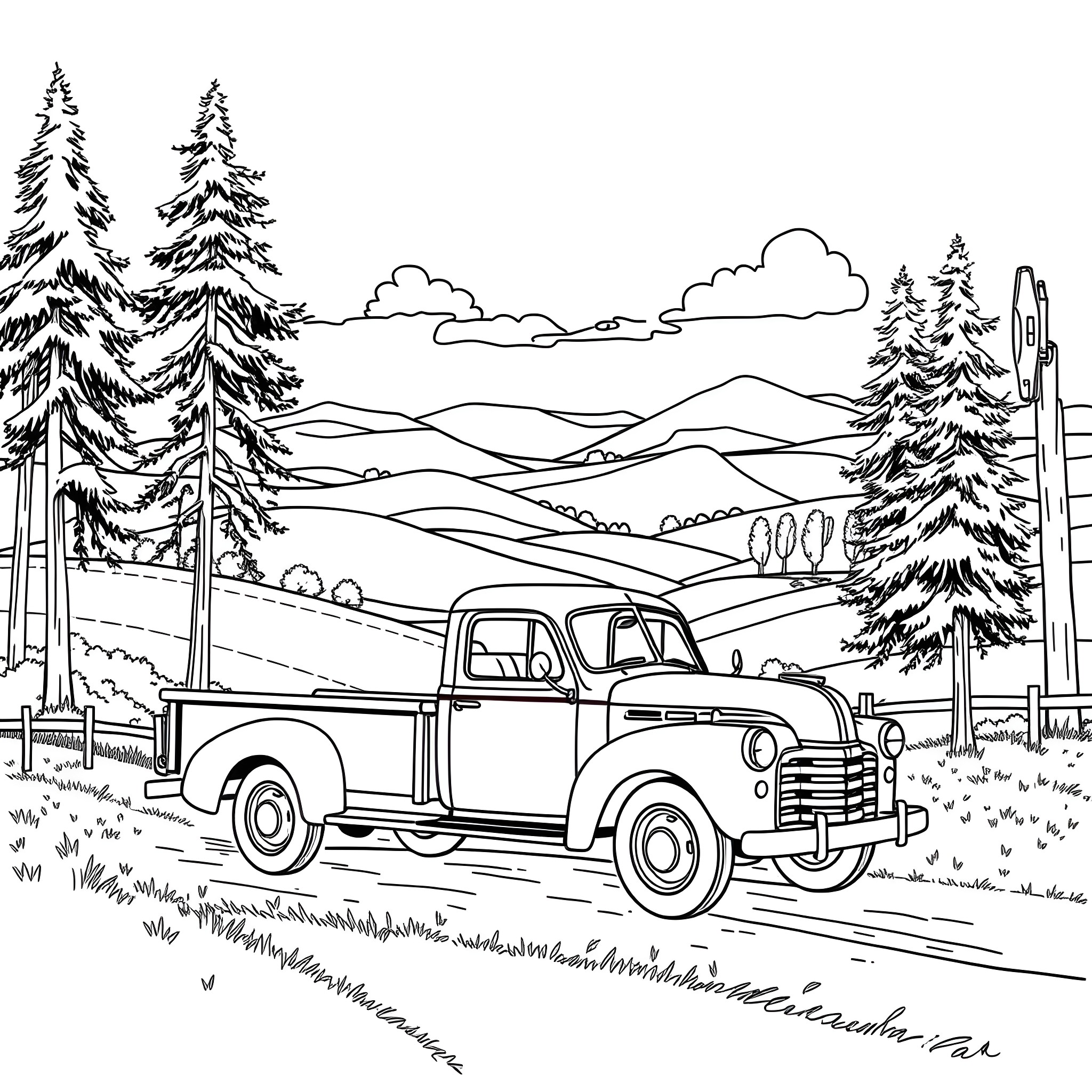 Truck driving through scenic mountain landscape Coloring Page (free black-and-white line drawing printable PDF for all, from beginners to advanced learners, including children, teens, adults, and seniors)