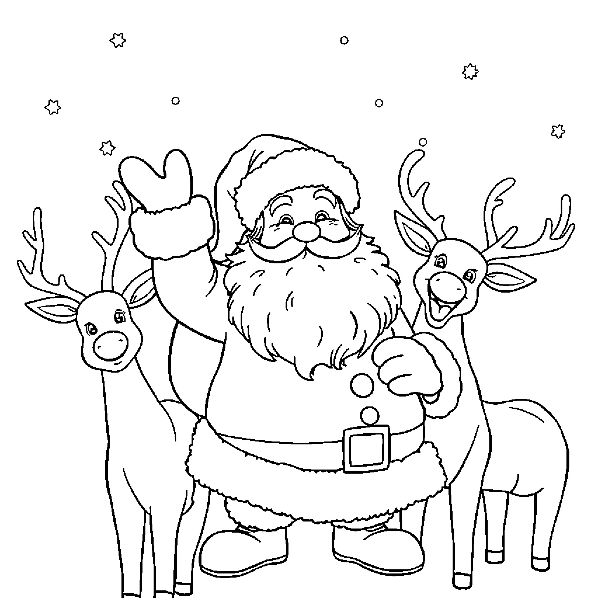Santa Waving with Reindeer Friends Coloring Page (free black-and-white line drawing printable PDF for all, from beginners to advanced learners, including children, teens, adults, and seniors)
