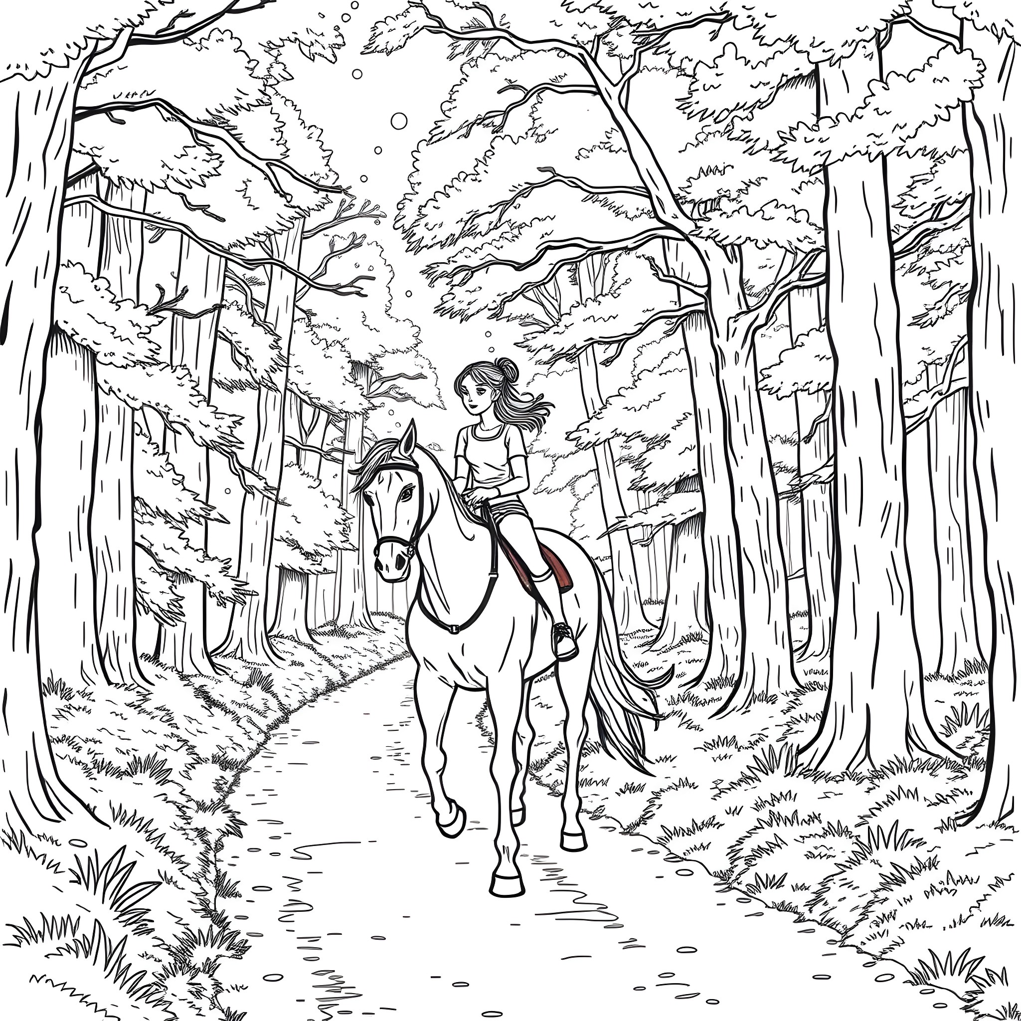 Girl riding a horse through a magical forest Coloring Page (free black-and-white line drawing printable PDF for all, from beginners to advanced learners, including children, teens, adults, and seniors)