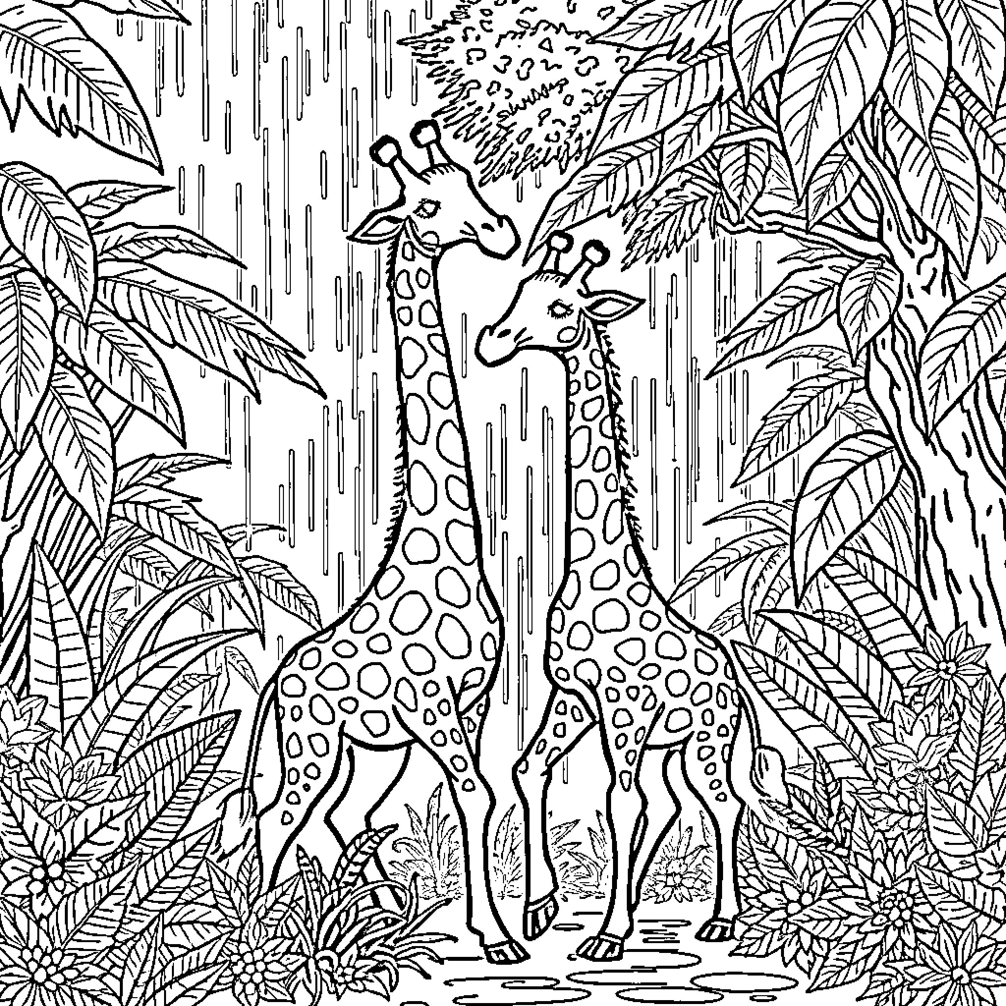 Giraffe couple in a lush tropical jungle Coloring Page (free black-and-white line drawing printable PDF for all, from beginners to advanced learners, including children, teens, adults, and seniors)