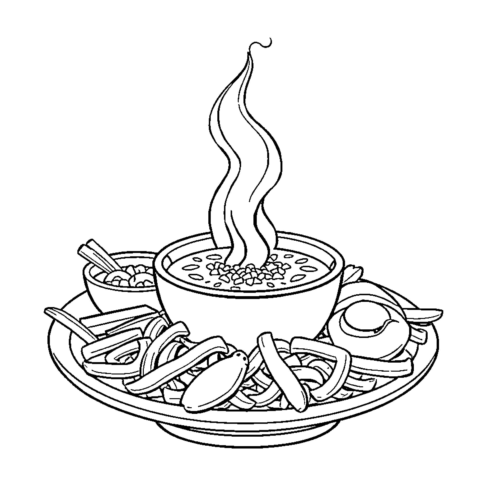 Tung's Warm Meal on a Platter Coloring Page (free black-and-white line drawing printable PDF for all, from beginners to advanced learners, including children, teens, adults, and seniors)