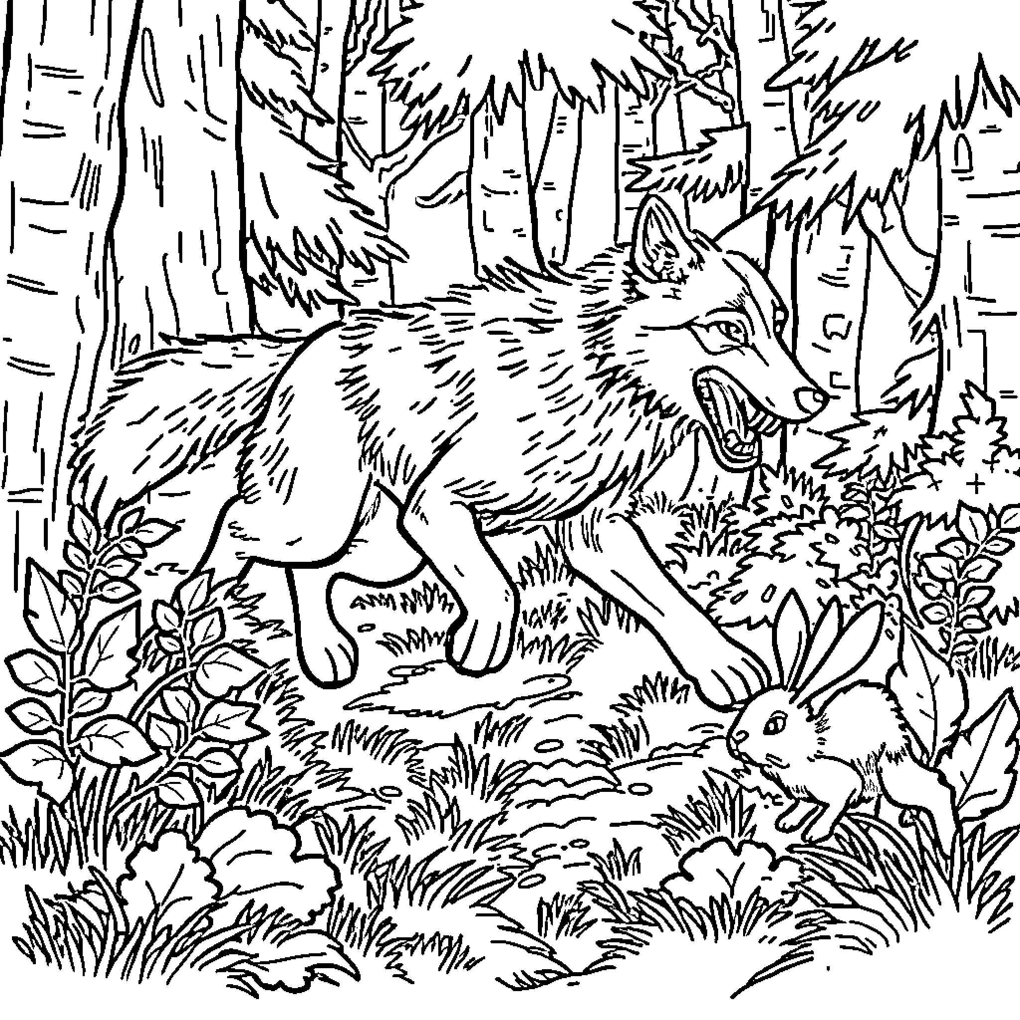 Wolf hunting in the dense forest Coloring Page (free black-and-white line drawing printable PDF for all, from beginners to advanced learners, including children, teens, adults, and seniors)