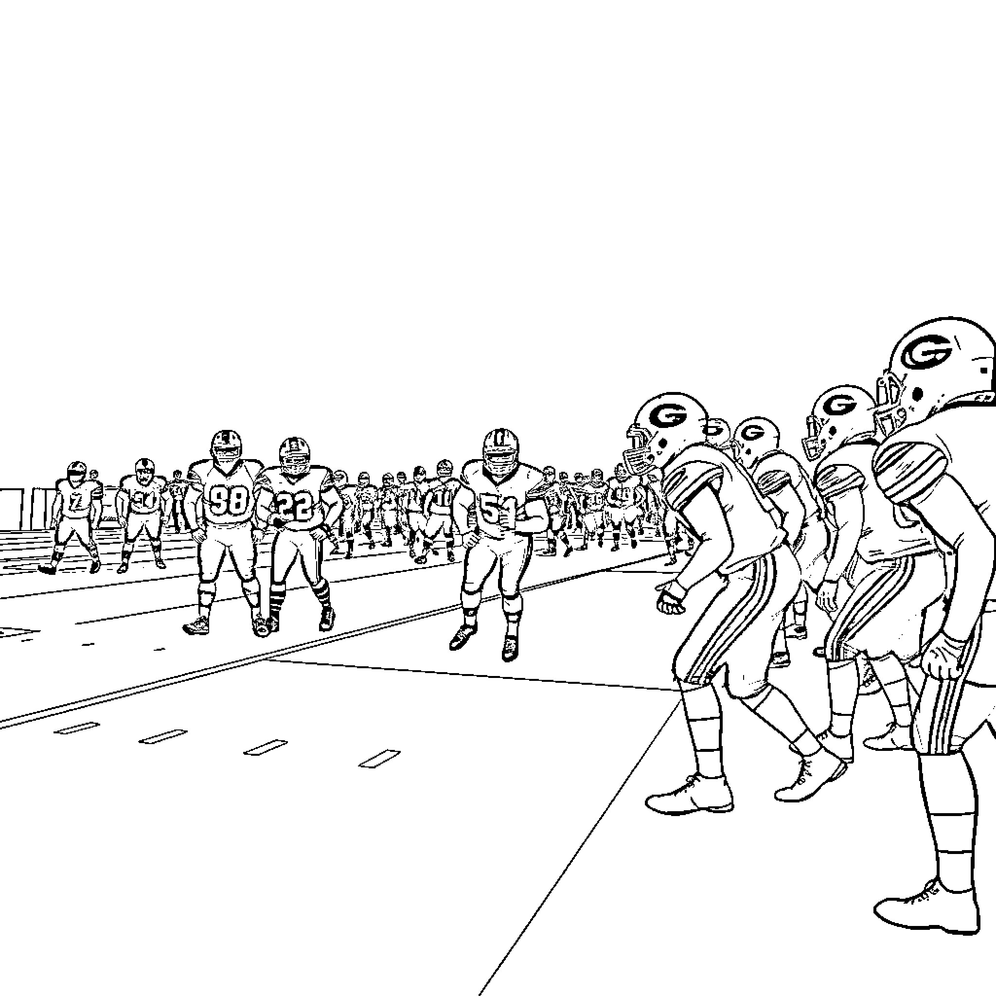 Bulldog football team in action on the field Coloring Page (free black-and-white line drawing printable PDF for all, from beginners to advanced learners, including children, teens, adults, and seniors)