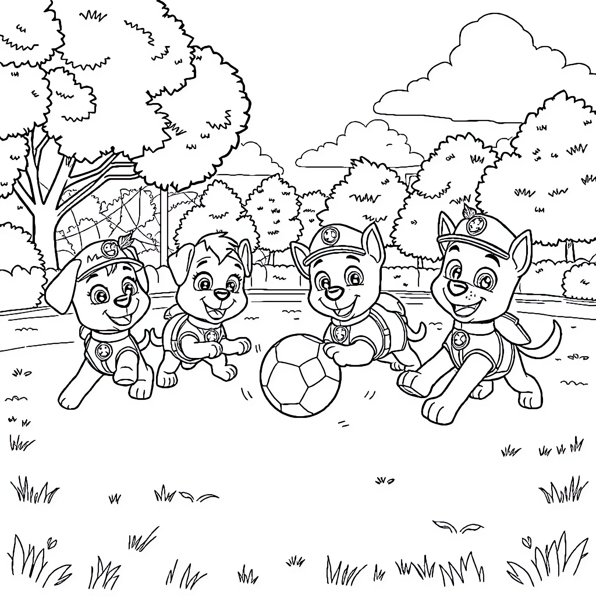 Paw Patrol characters playing soccer in the park Coloring Page (free black-and-white line drawing printable PDF for all, from beginners to advanced learners, including children, teens, adults, and seniors)