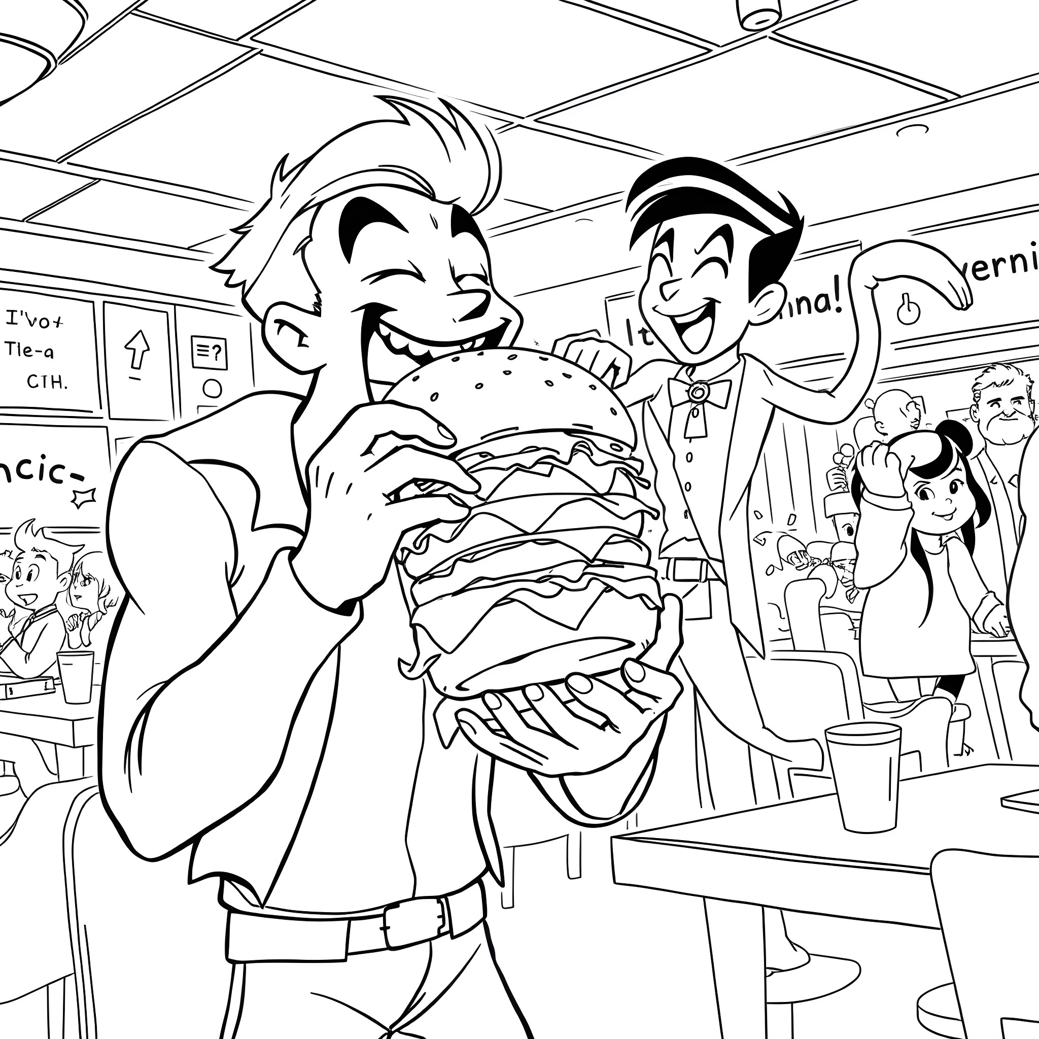 Ben Tennyson enjoying a tasty burger with friends Coloring Page (free black-and-white line drawing printable PDF for all, from beginners to advanced learners, including children, teens, adults, and seniors)