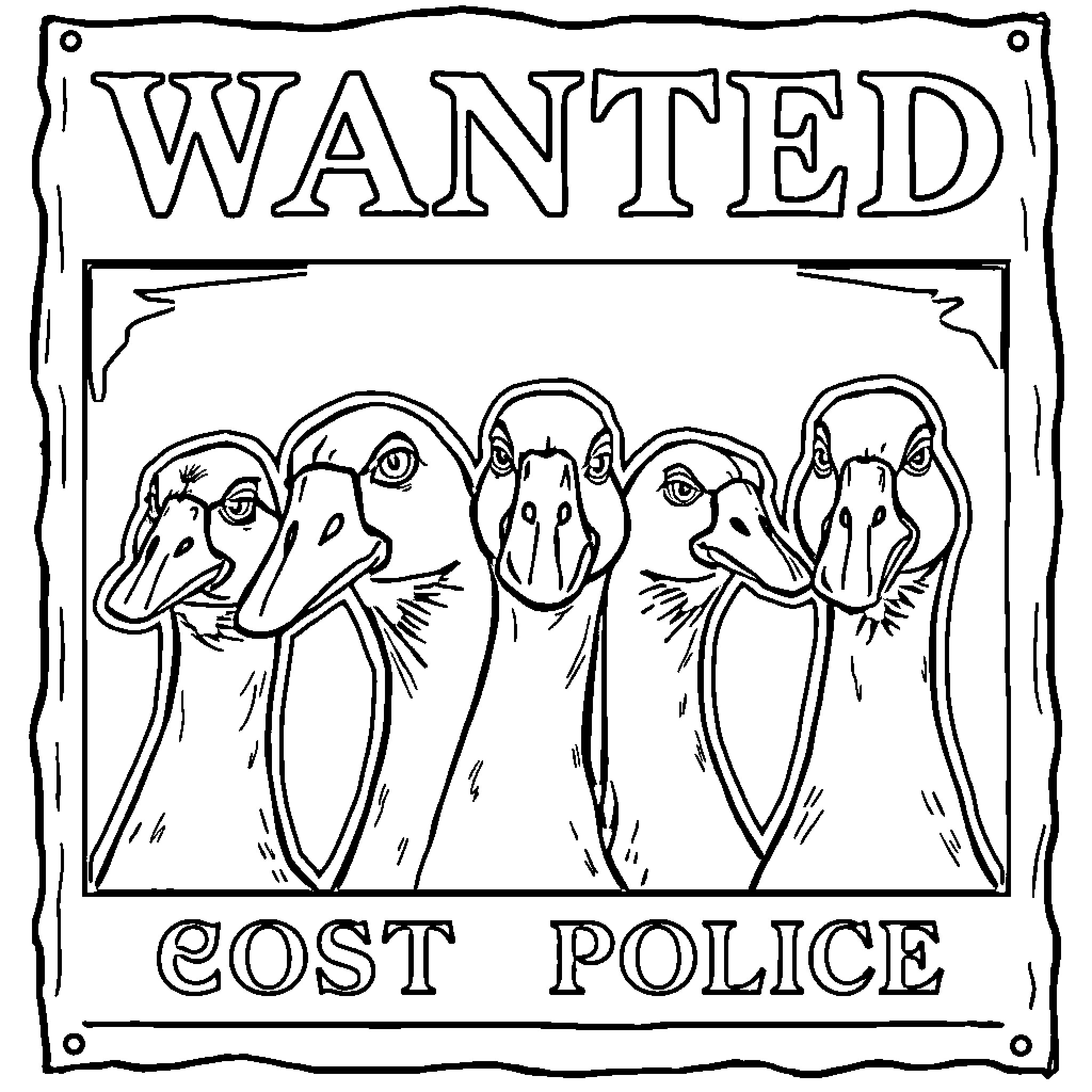 Goose Wanted by Cost Police Coloring Page (free black-and-white line drawing printable PDF for all, from beginners to advanced learners, including children, teens, adults, and seniors)