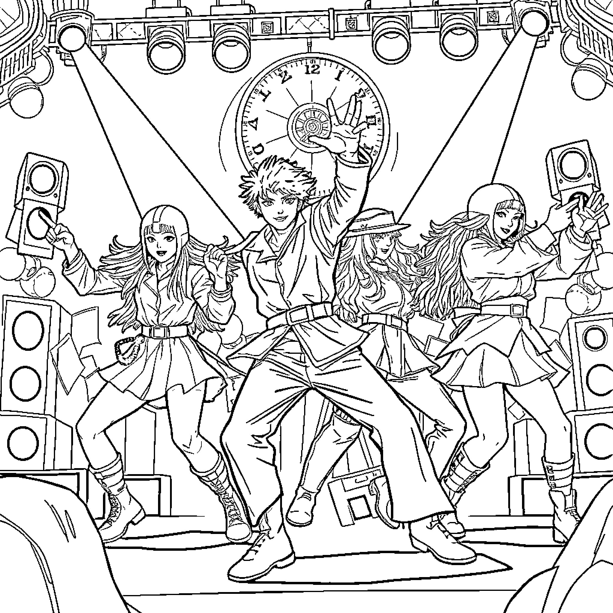 K Pop Warrior Performers Showcase Energetic Dance Moves Coloring Page (free black-and-white line drawing printable PDF for all, from beginners to advanced learners, including children, teens, adults, and seniors)