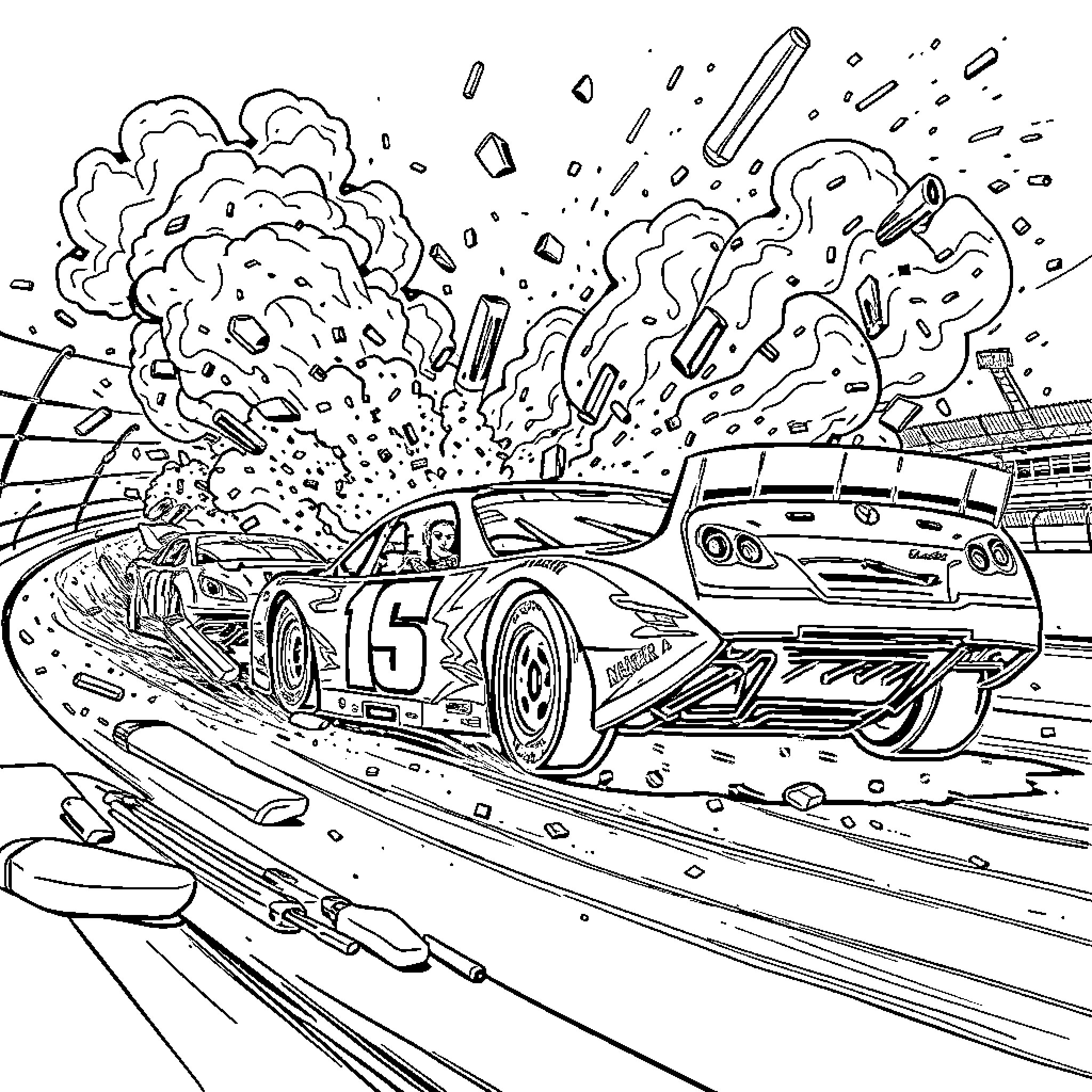 Nascar race cars speeding with dramatic explosion Coloring Page (free black-and-white line drawing printable PDF for all, from beginners to advanced learners, including children, teens, adults, and seniors)