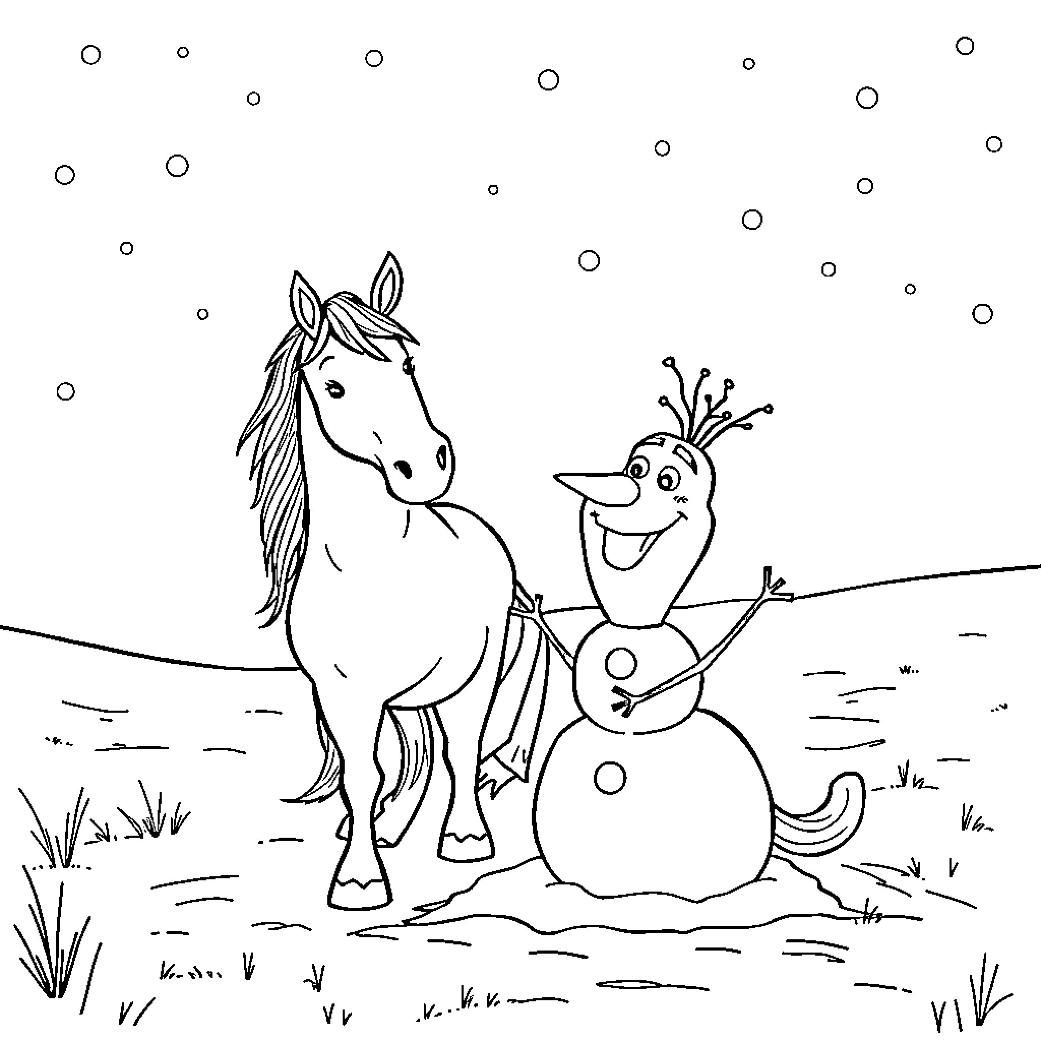 Horse and Snowman in Winter Wonderland Coloring Page (free black-and-white line drawing printable PDF for all, from beginners to advanced learners, including children, teens, adults, and seniors)