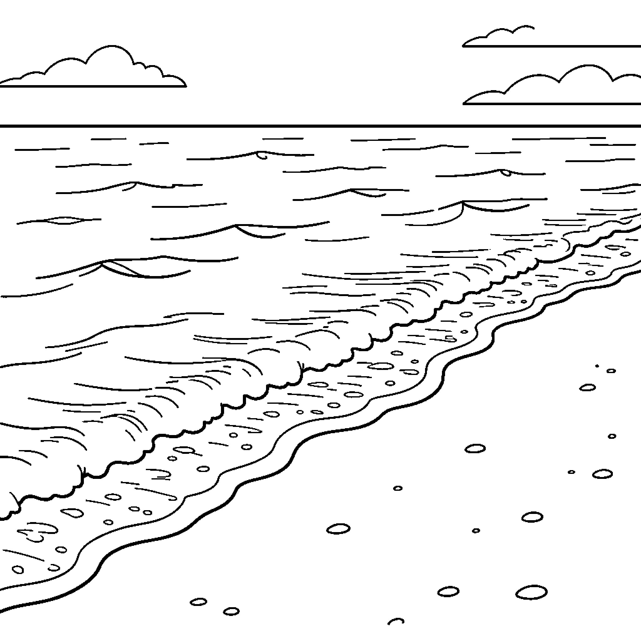 Beach waves gently washing onto the sandy shore Coloring Page (free black-and-white line drawing printable PDF for all, from beginners to advanced learners, including children, teens, adults, and seniors)