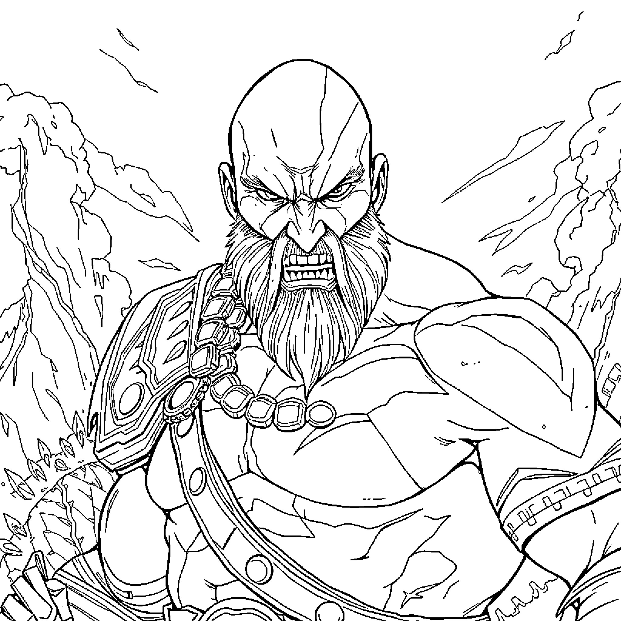 Kratos, the Grim Warrior Amid Stormy Skies Coloring Page (free black-and-white line drawing printable PDF for all, from beginners to advanced learners, including children, teens, adults, and seniors)