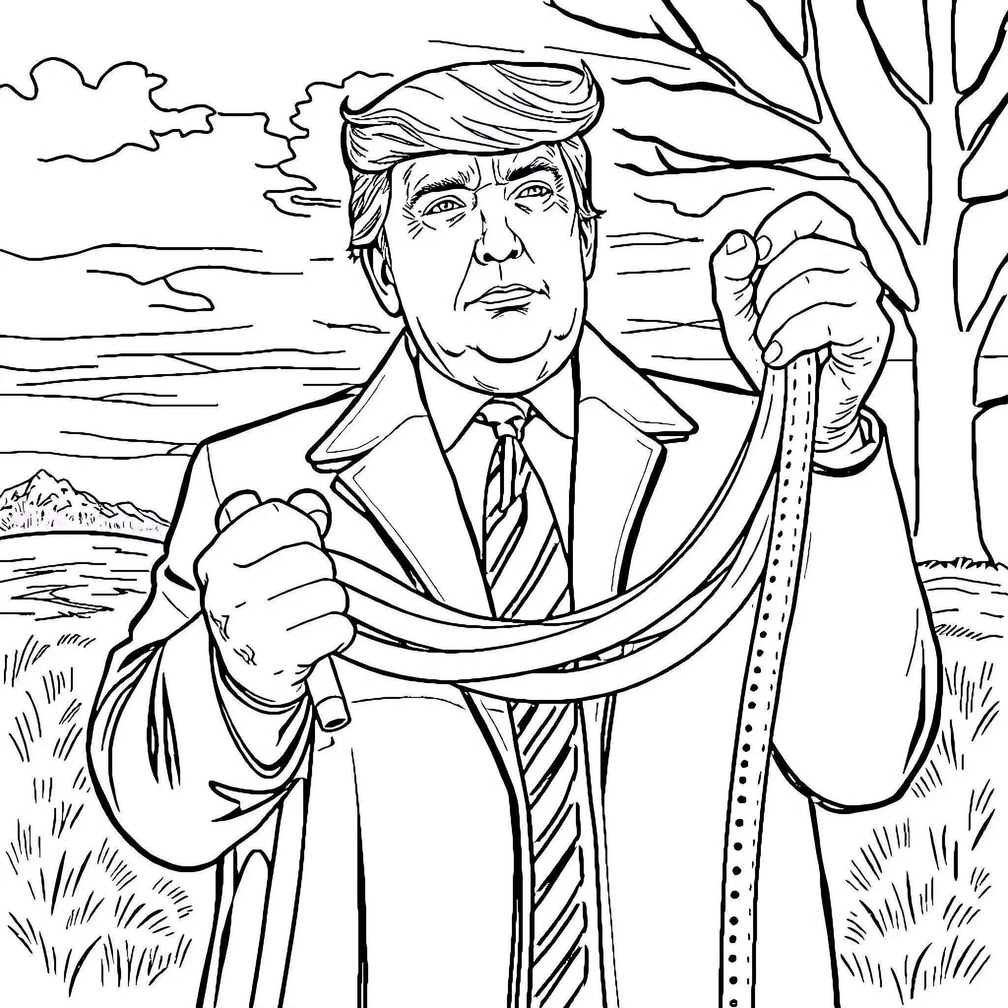 Trump's Stern Stance in Countryside Landscape Coloring Page (free black-and-white line drawing printable PDF for all, from beginners to advanced learners, including children, teens, adults, and seniors)