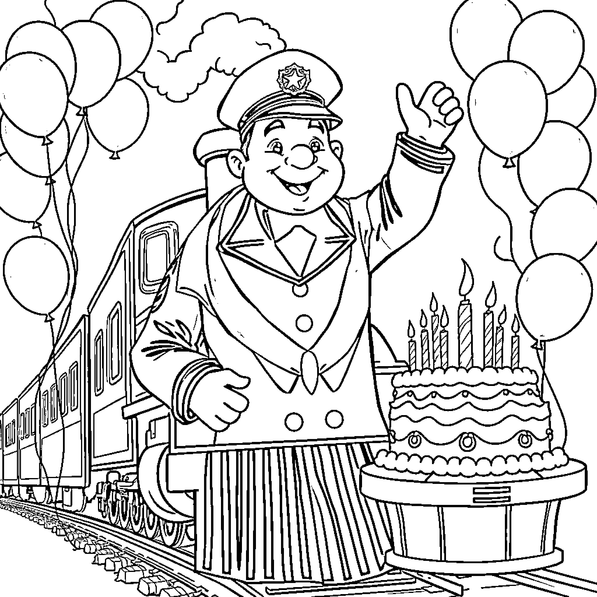 Polar Express Train Conductor's Birthday Celebration Coloring Page (free black-and-white line drawing printable PDF for all, from beginners to advanced learners, including children, teens, adults, and seniors)
