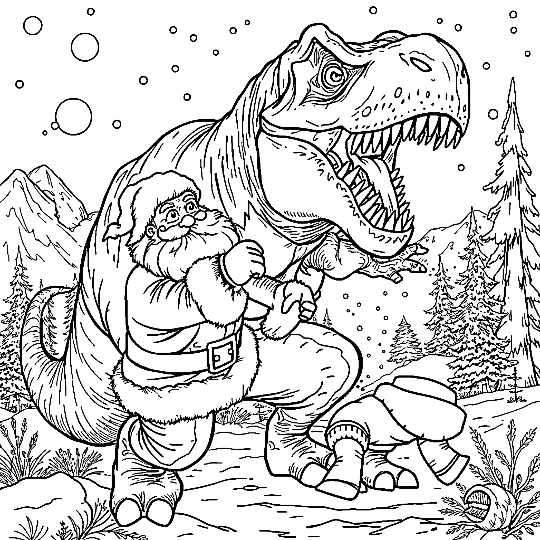 Santa battles a fearsome T-Rex in a winter wonderland Coloring Page (free black-and-white line drawing printable PDF for all, from beginners to advanced learners, including children, teens, adults, and seniors)