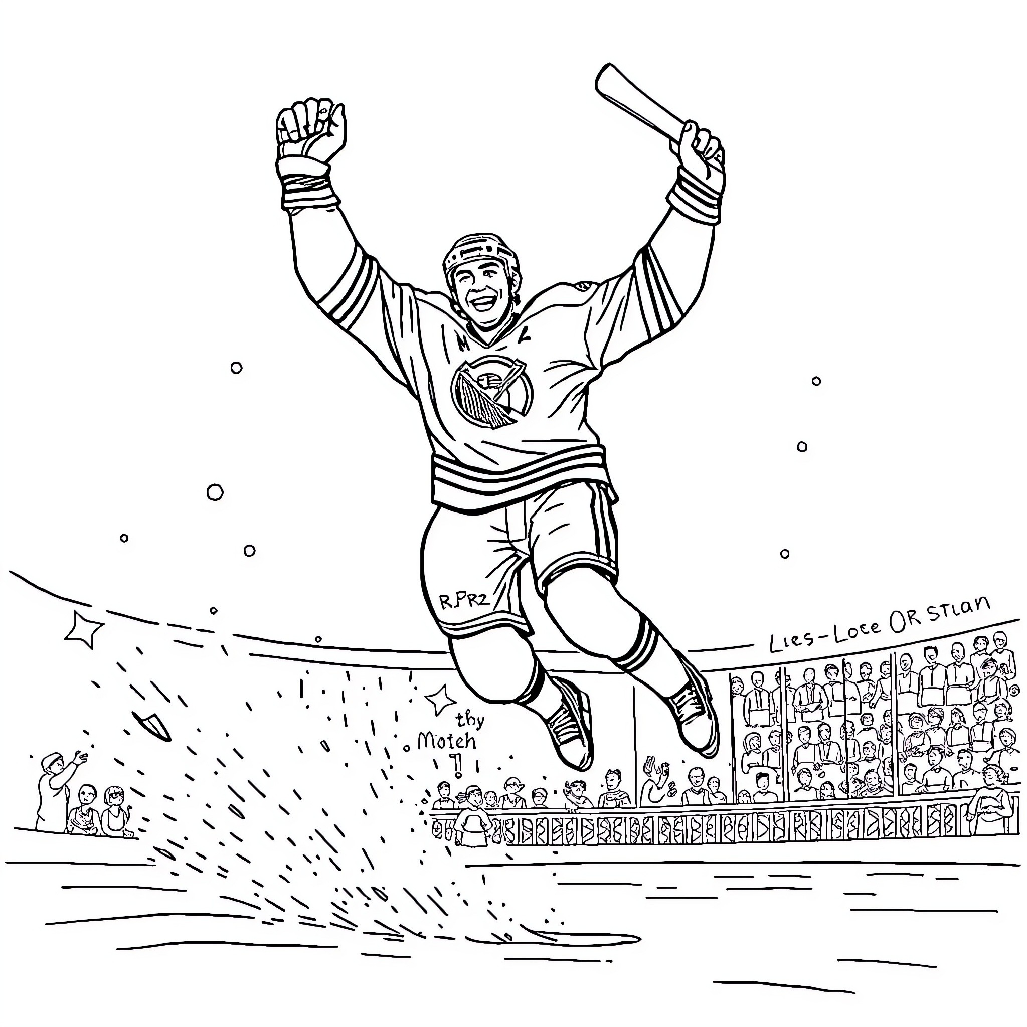 Bobby Orr's Triumphant Hockey Celebration Coloring Page (free black-and-white line drawing printable PDF for all, from beginners to advanced learners, including children, teens, adults, and seniors)