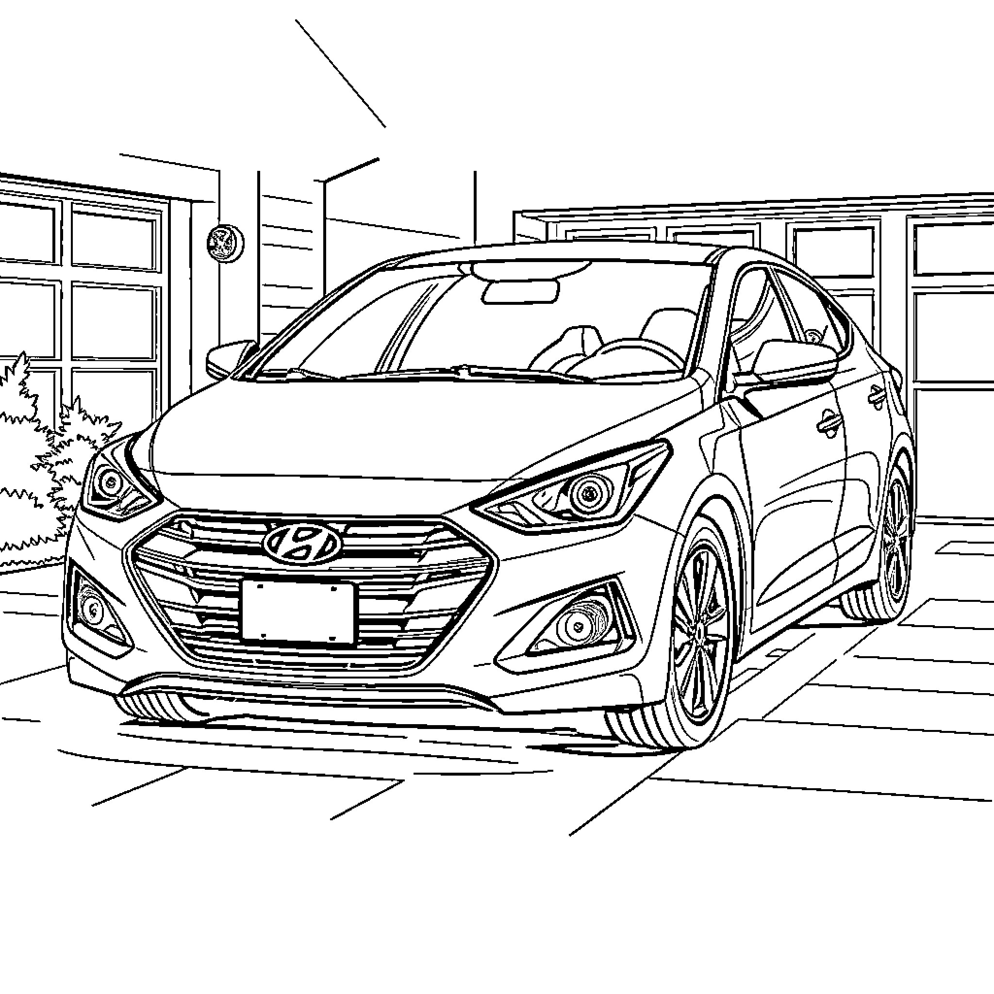 Hyundai car parked in a garage setting Coloring Page (free black-and-white line drawing printable PDF for all, from beginners to advanced learners, including children, teens, adults, and seniors)