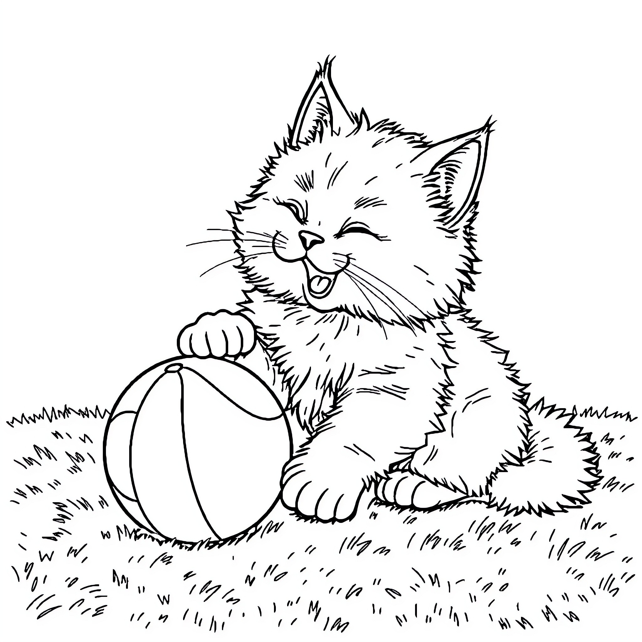 Cat playing with a ball in the grass Coloring Page (free black-and-white line drawing printable PDF for all, from beginners to advanced learners, including children, teens, adults, and seniors)