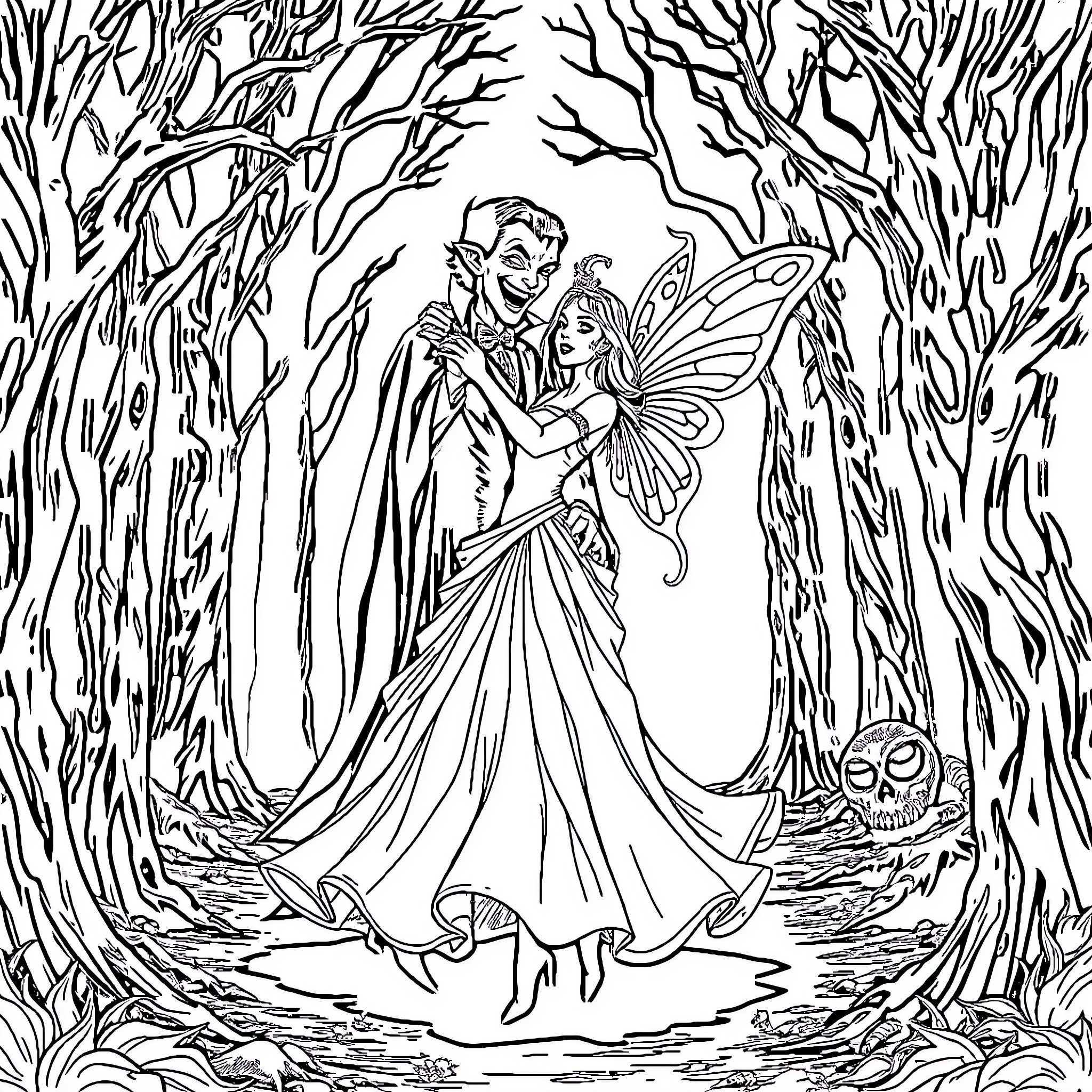 Vampire Dancing with Winged Fairy in Enchanted Forest Coloring Page (free black-and-white line drawing printable PDF for all, from beginners to advanced learners, including children, teens, adults, and seniors)