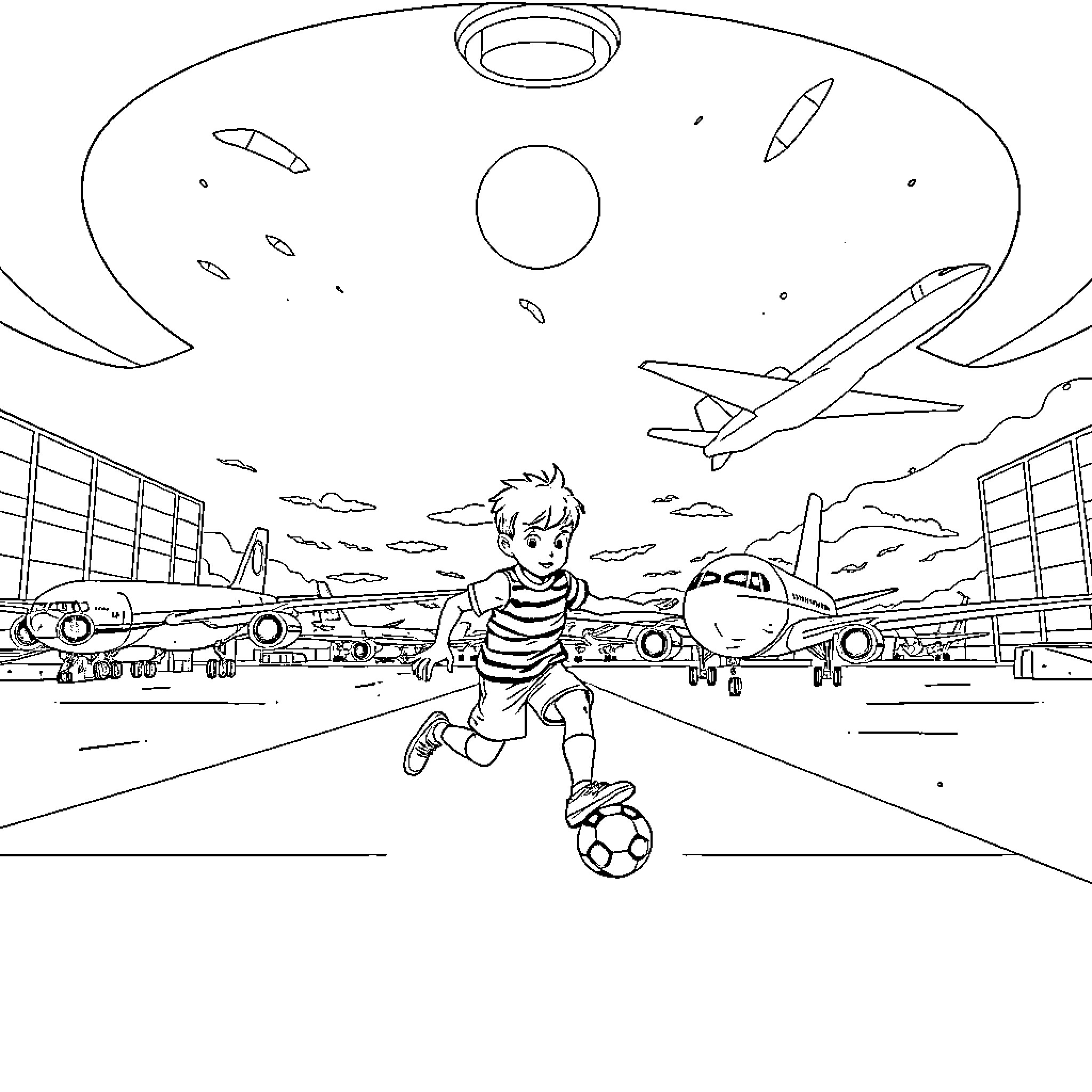 Boy playing soccer at the airport Coloring Page (free black-and-white line drawing printable PDF for all, from beginners to advanced learners, including children, teens, adults, and seniors)