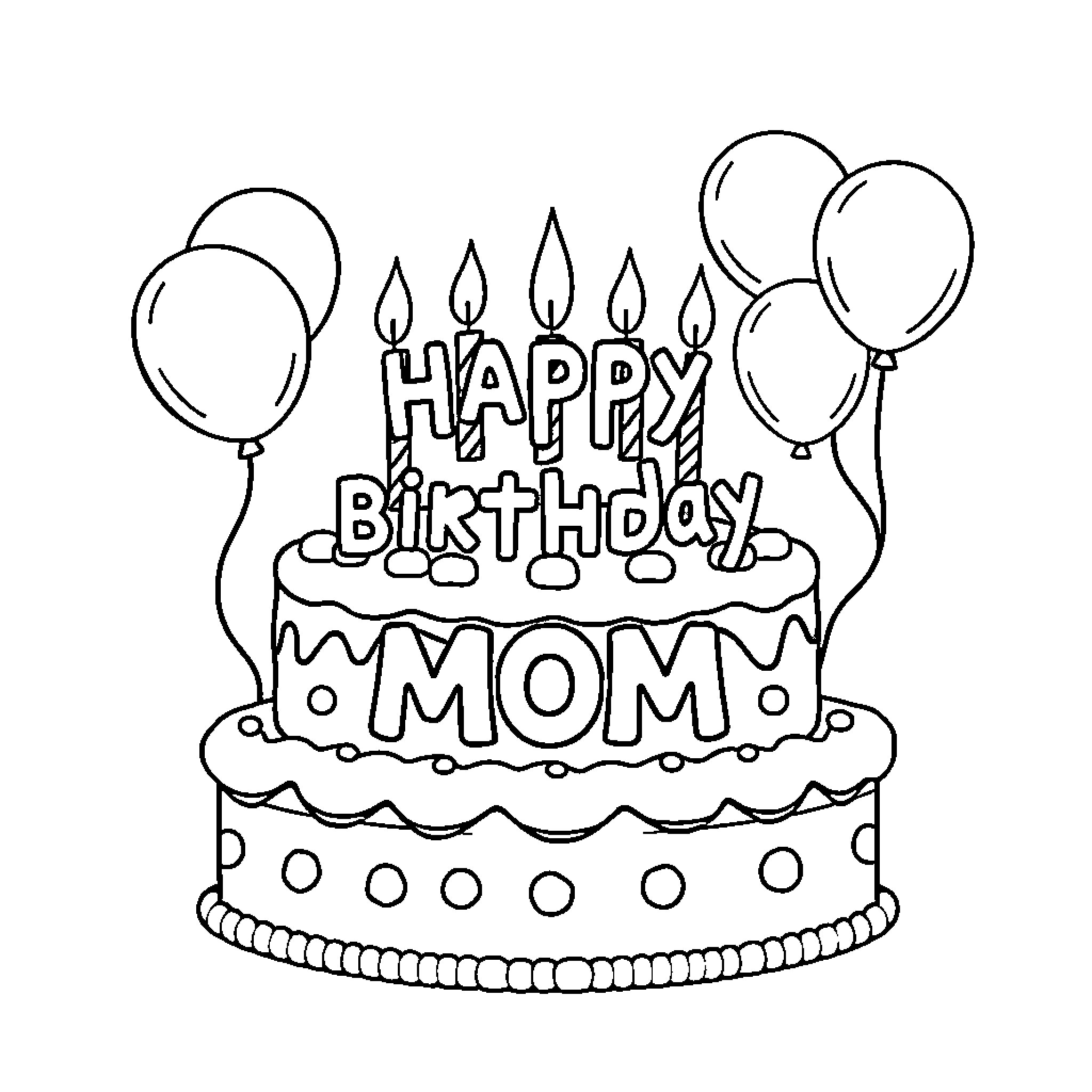 Birthday Celebration for Mom with Cake and Balloons Coloring Page (free black-and-white line drawing printable PDF for all, from beginners to advanced learners, including children, teens, adults, and seniors)