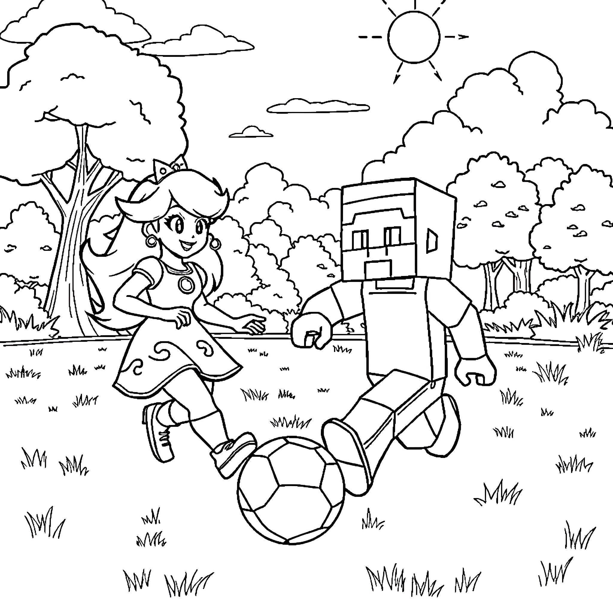 Princess playing soccer in the park Coloring Page (free black-and-white line drawing printable PDF for all, from beginners to advanced learners, including children, teens, adults, and seniors)