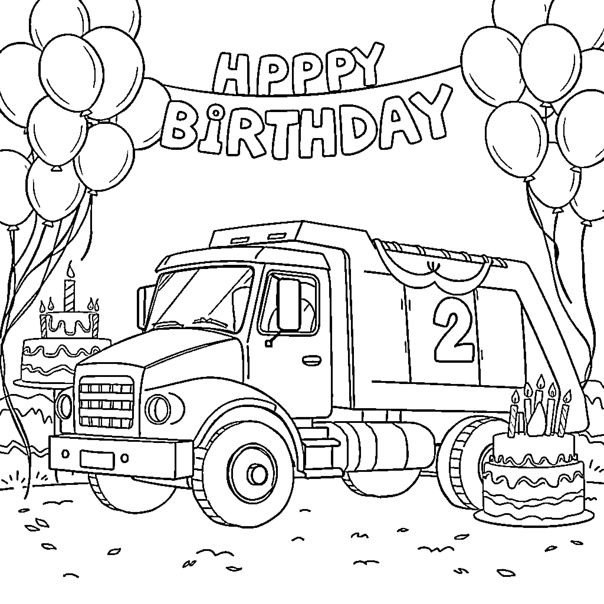 Trash Truck Celebrating Birthday with Balloons Coloring Page (free black-and-white line drawing printable PDF for all, from beginners to advanced learners, including children, teens, adults, and seniors)