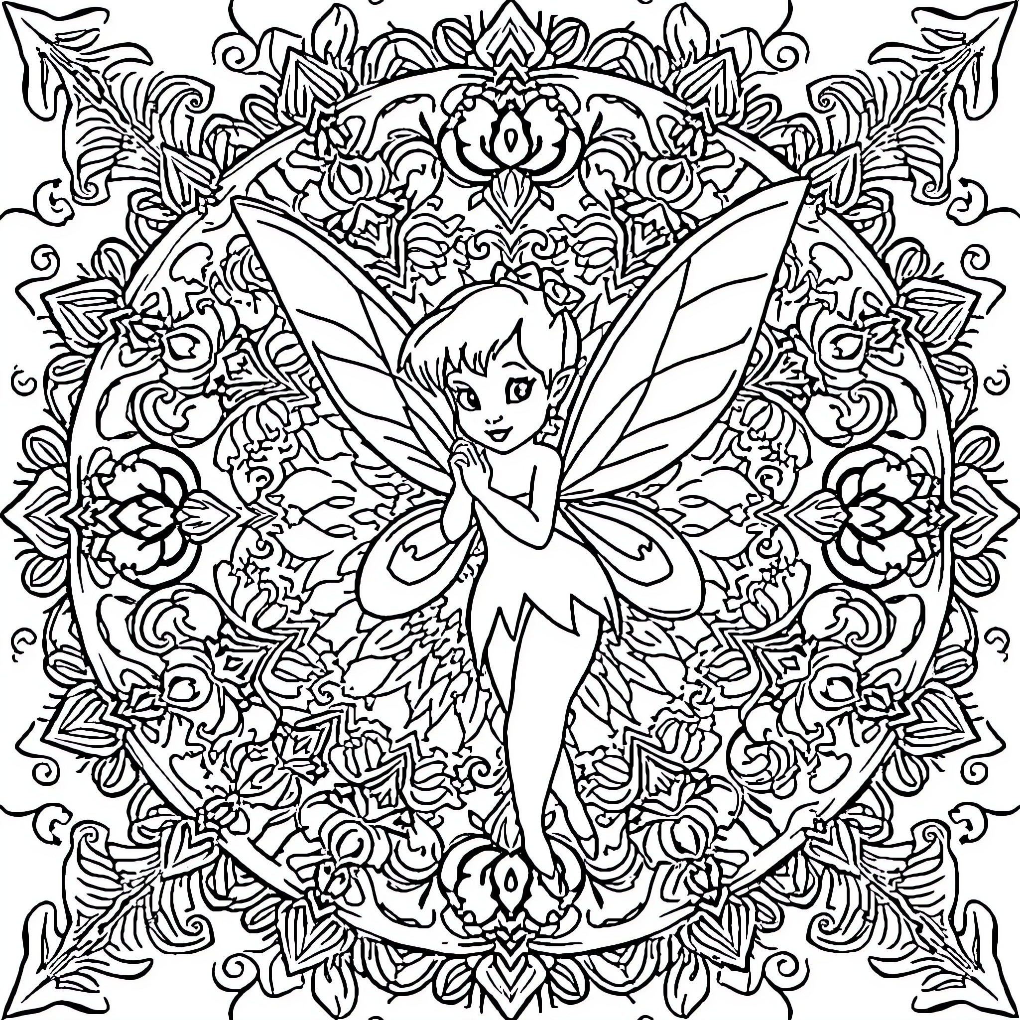 Fairy in a Whimsical Floral Mandala Coloring Page (free black-and-white line drawing printable PDF for all, from beginners to advanced learners, including children, teens, adults, and seniors)