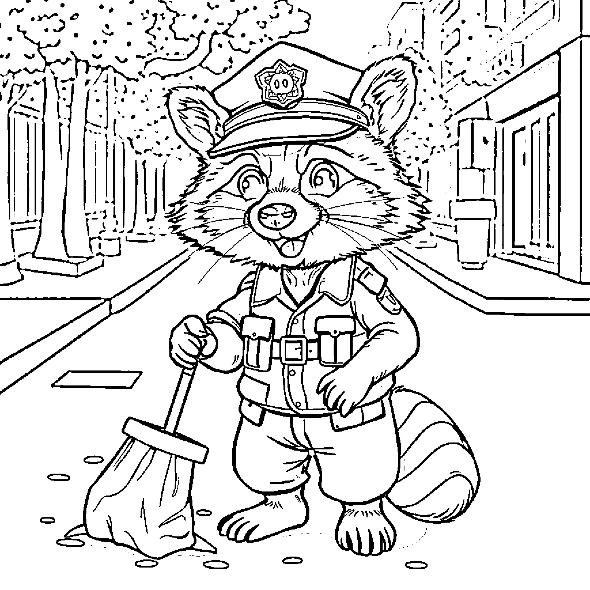 Raccoon police officer sweeping in the city Coloring Page (free black-and-white line drawing printable PDF for all, from beginners to advanced learners, including children, teens, adults, and seniors)