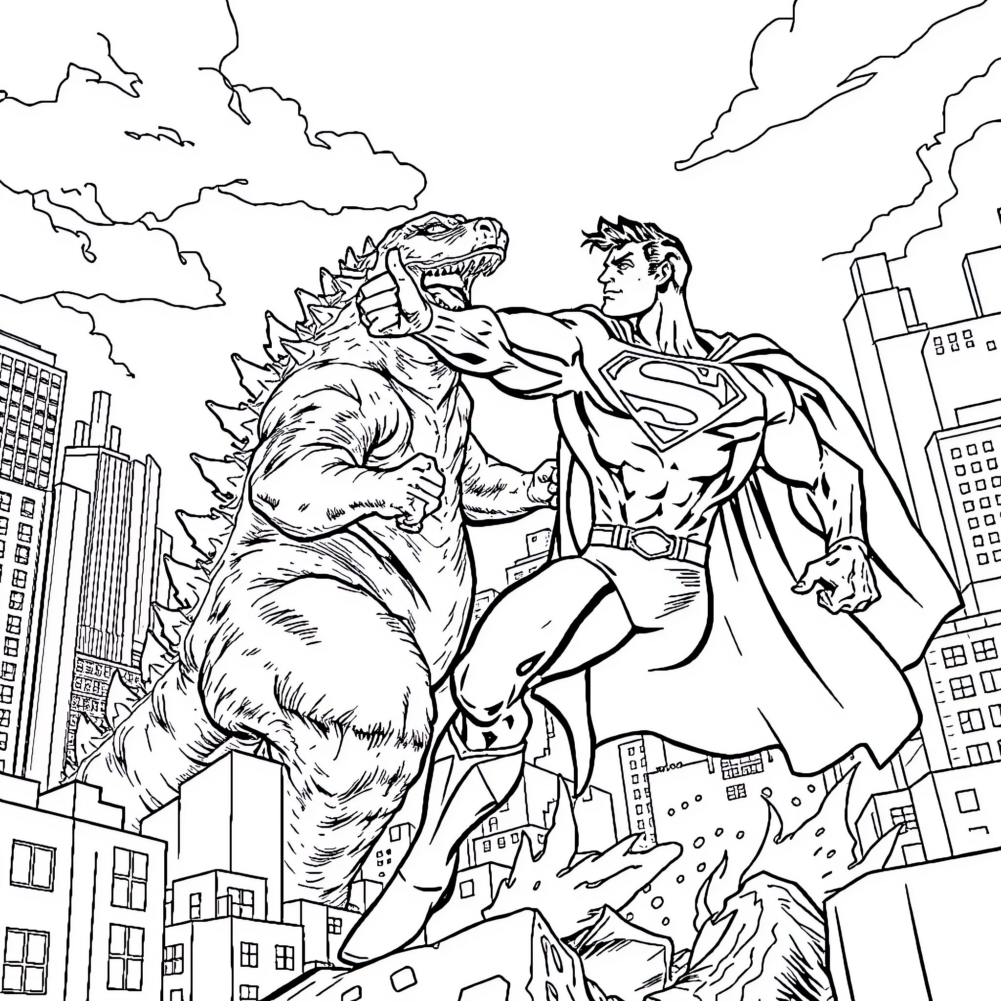 Superman battling a monstrous creature in the city Coloring Page (free black-and-white line drawing printable PDF for all, from beginners to advanced learners, including children, teens, adults, and seniors)