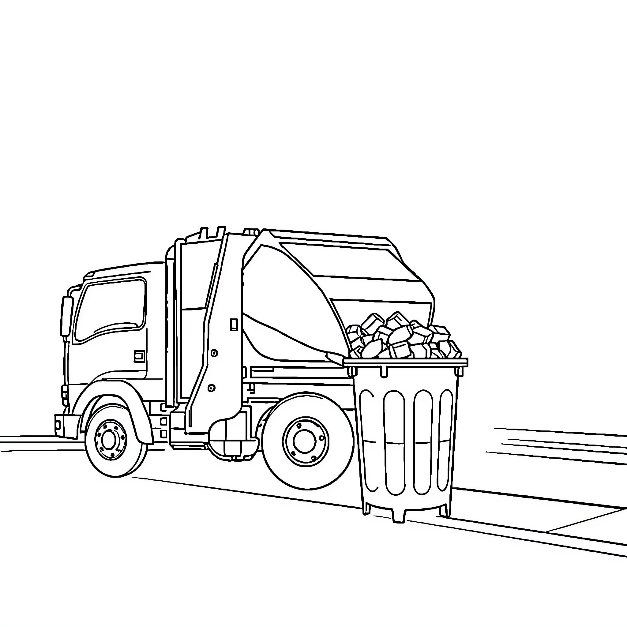 Trash Truck Collecting Garbage on the Road Coloring Page (free black-and-white line drawing printable PDF for all, from beginners to advanced learners, including children, teens, adults, and seniors)