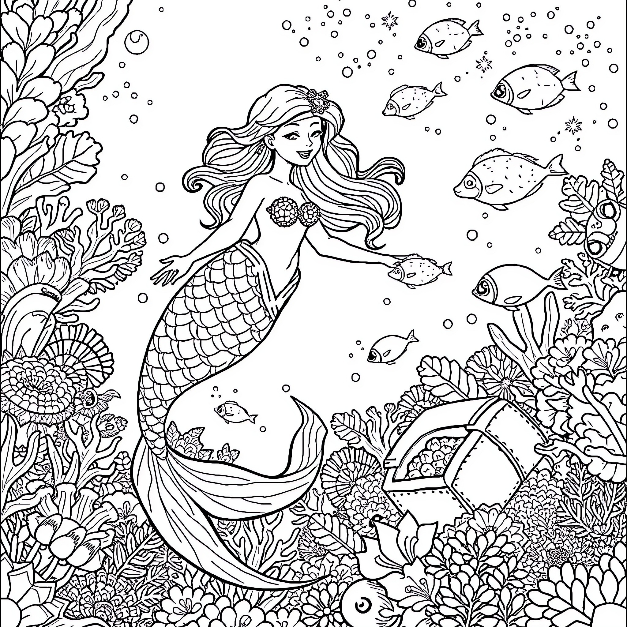 Mermaid exploring the vibrant underwater seascape Coloring Page (free black-and-white line drawing printable PDF for all, from beginners to advanced learners, including children, teens, adults, and seniors)