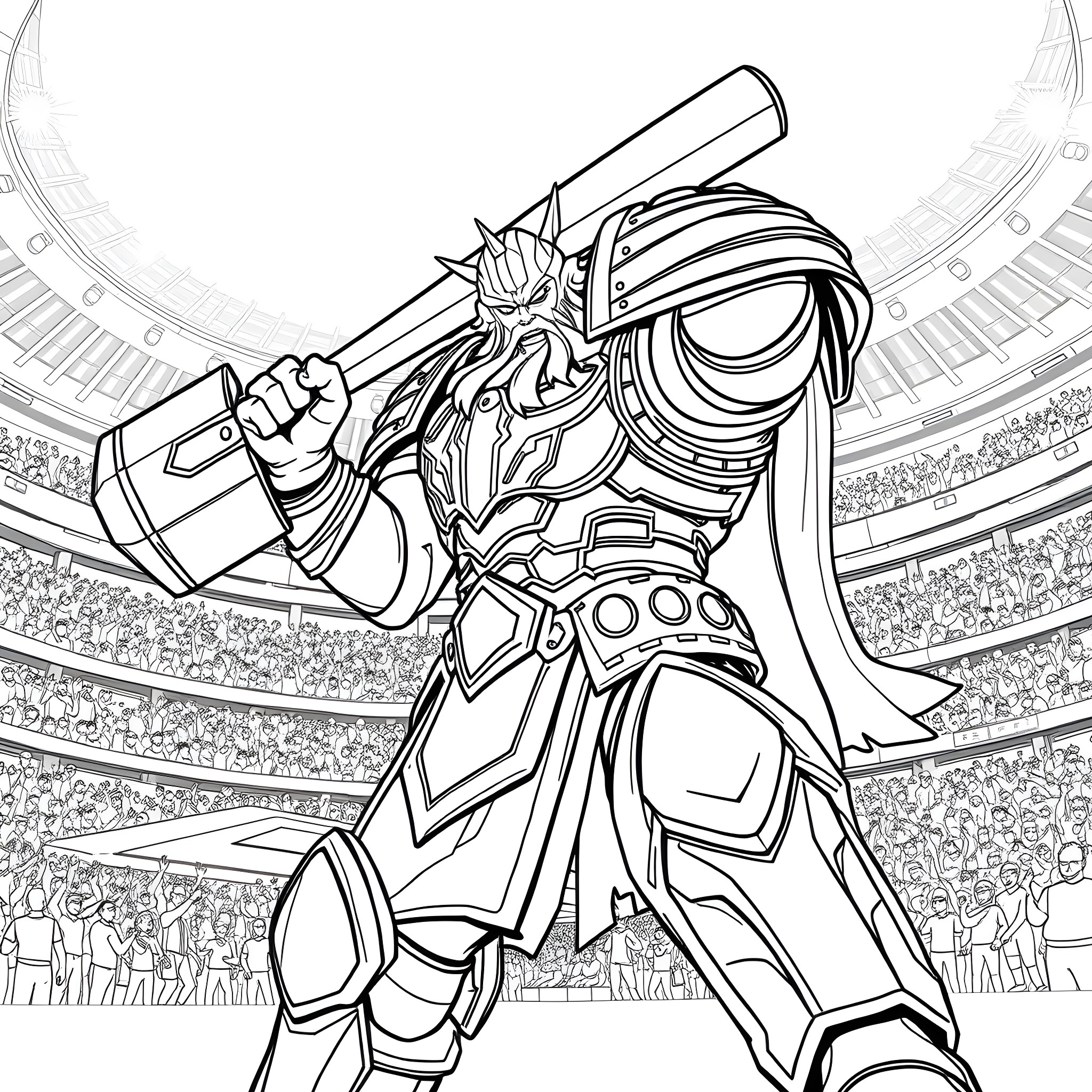 Reinhardt stands tall in the arena, ready for battle Coloring Page (free black-and-white line drawing printable PDF for all, from beginners to advanced learners, including children, teens, adults, and seniors)