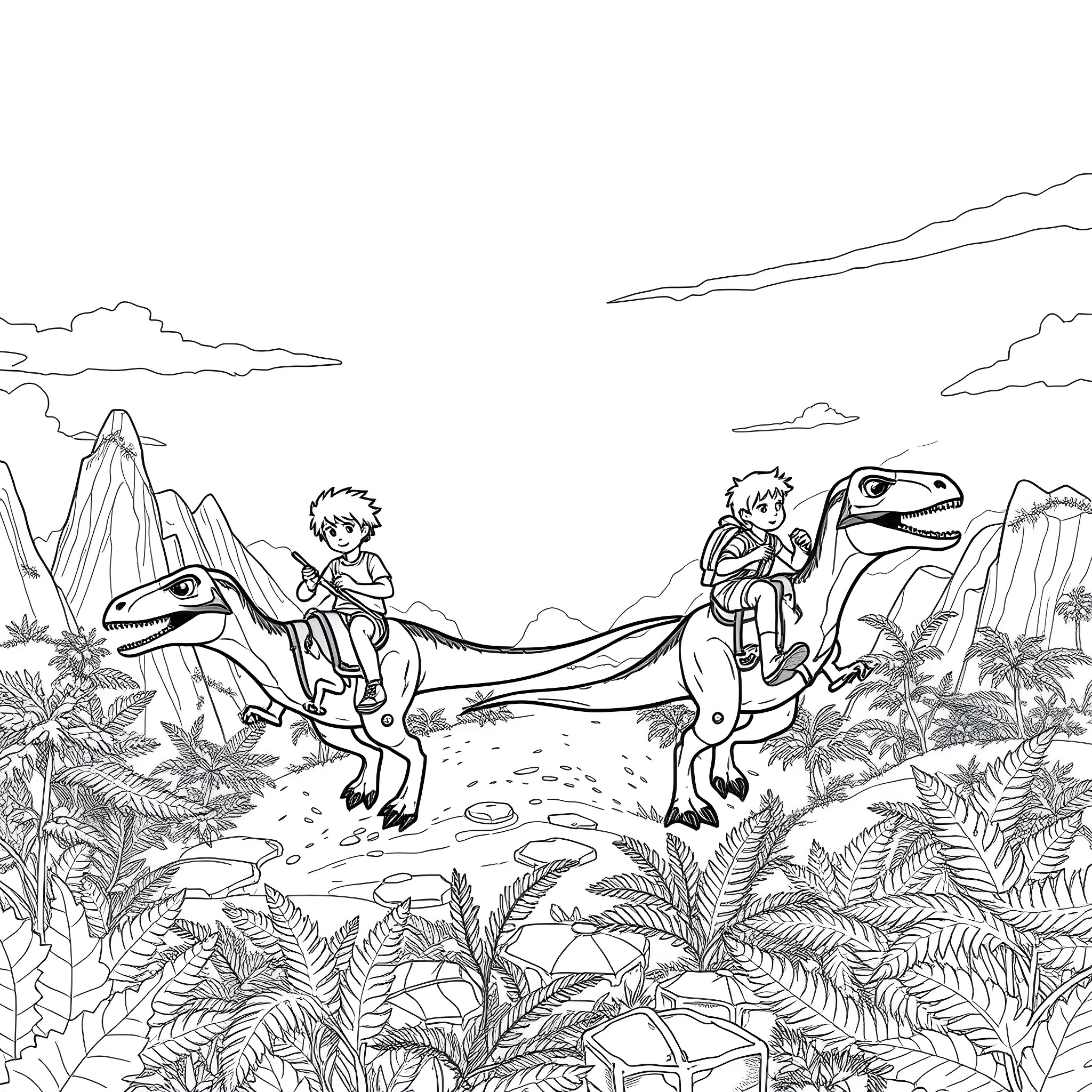 Boy riding dinosaurs in prehistoric landscape Coloring Page (free black-and-white line drawing printable PDF for all, from beginners to advanced learners, including children, teens, adults, and seniors)