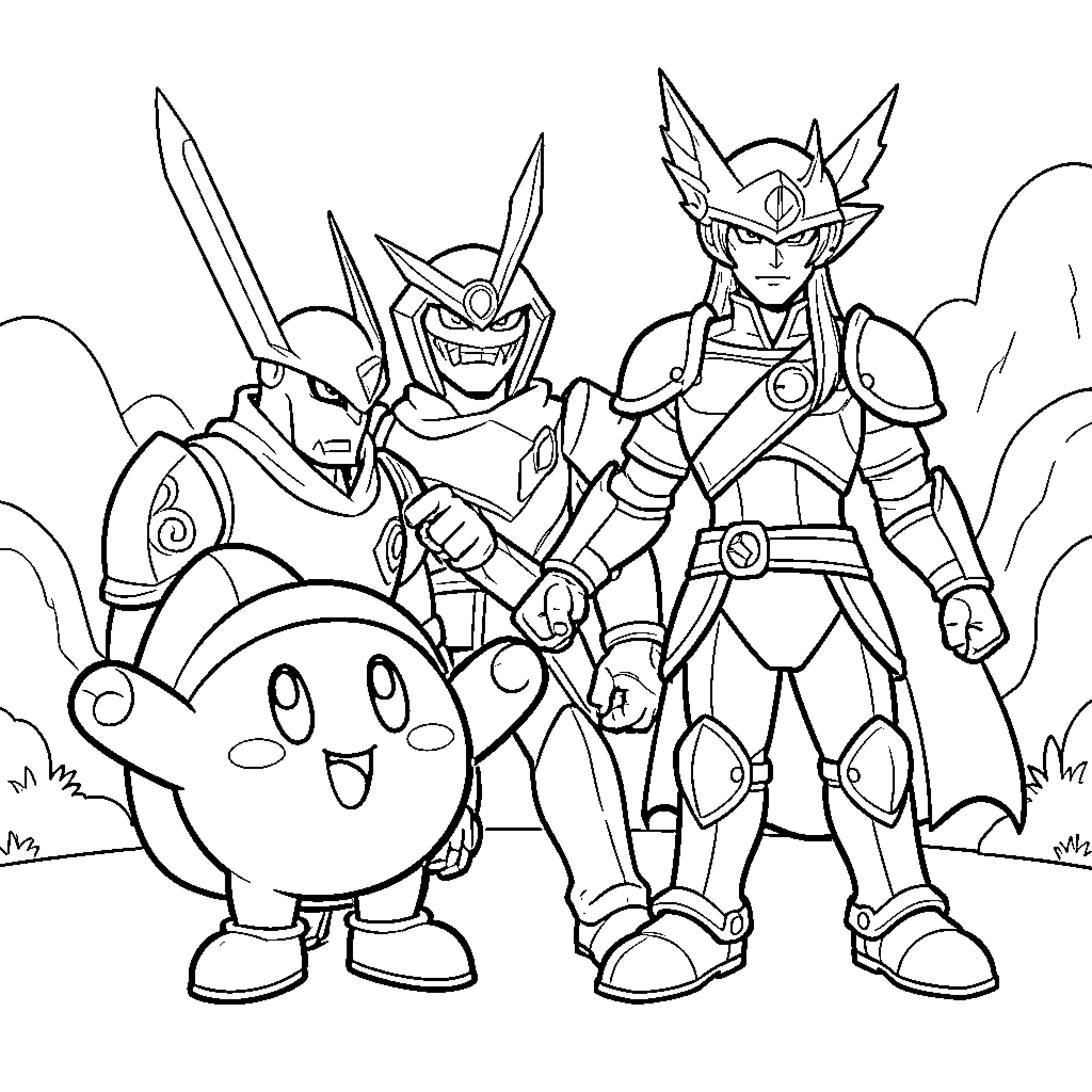 Kirby posing heroically with armored warriors Coloring Page (free black-and-white line drawing printable PDF for all, from beginners to advanced learners, including children, teens, adults, and seniors)