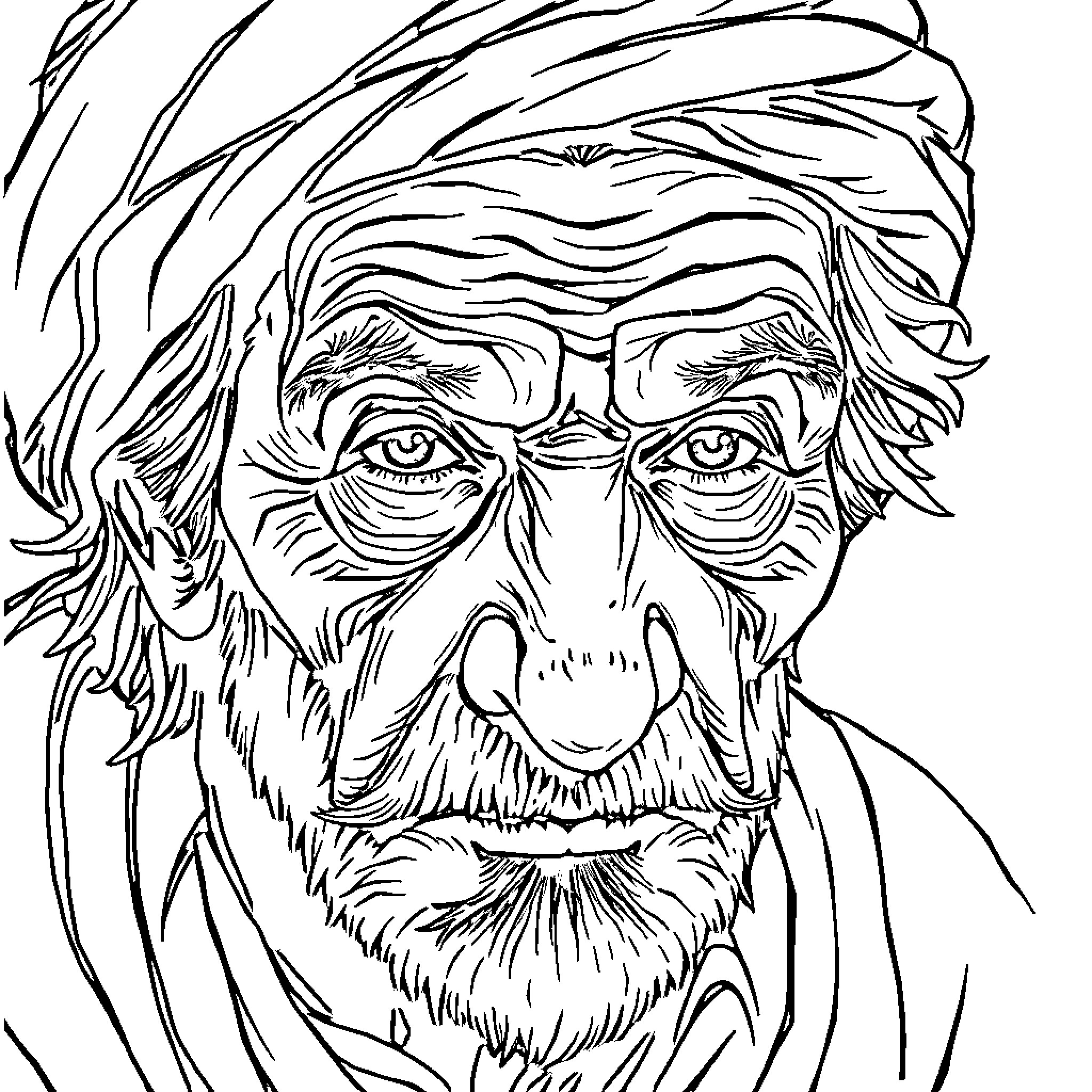 Elder Wise Man's Weathered Face and Expression Coloring Page (free black-and-white line drawing printable PDF for all, from beginners to advanced learners, including children, teens, adults, and seniors)