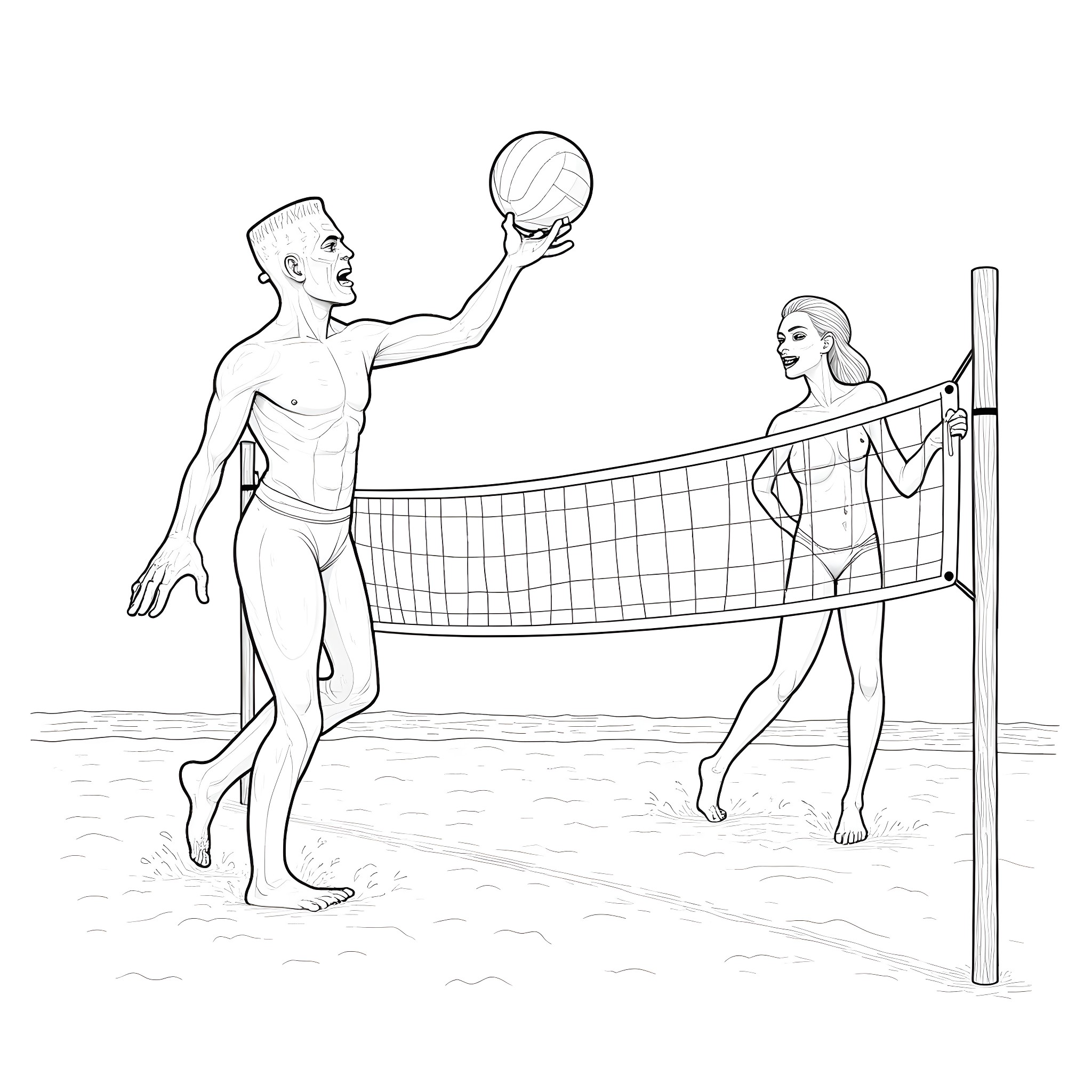 Frankenstein playing volleyball with woman on beach Coloring Page (free black-and-white line drawing printable PDF for all, from beginners to advanced learners, including children, teens, adults, and seniors)