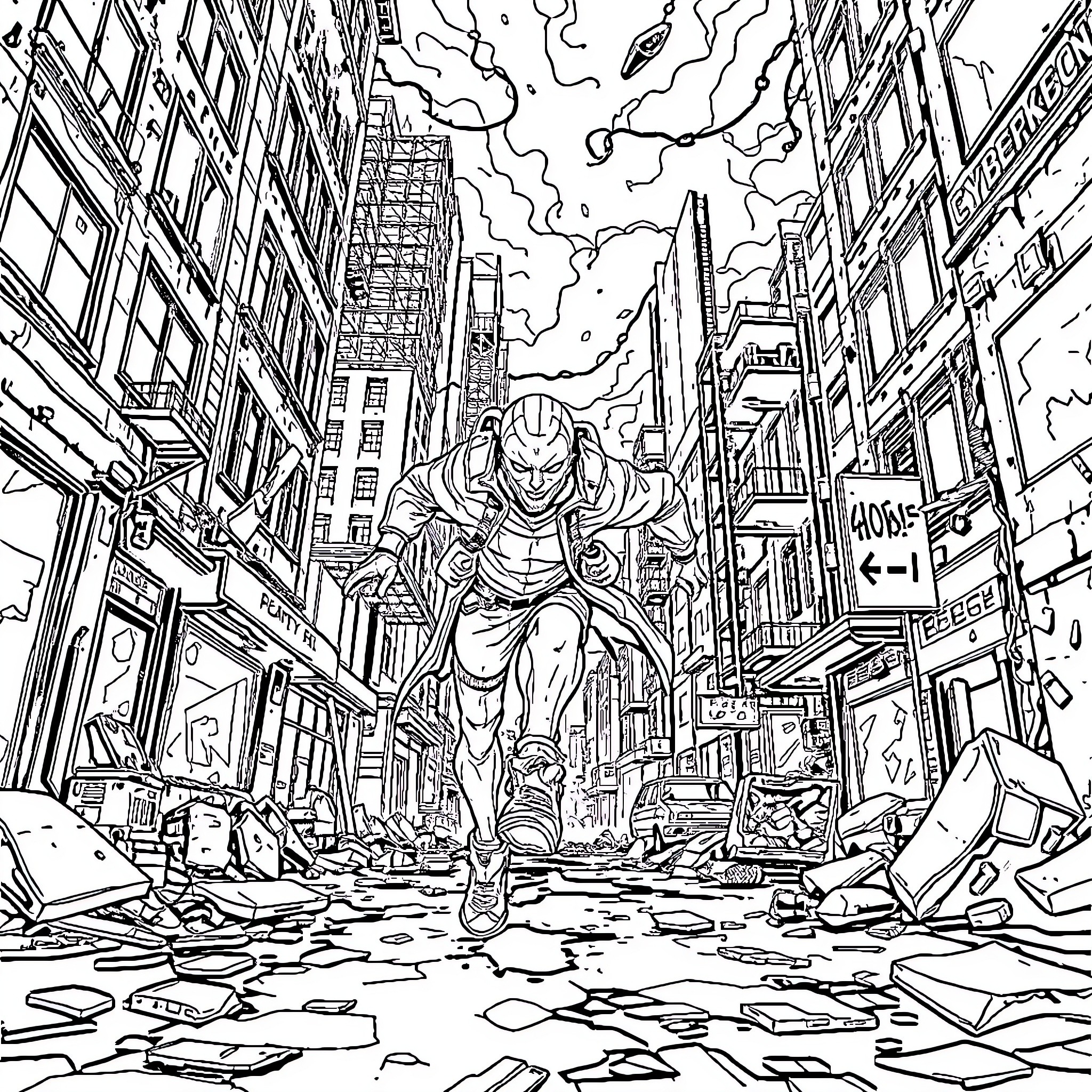 Cyberpunk hero battles through devastated city Coloring Page (free black-and-white line drawing printable PDF for all, from beginners to advanced learners, including children, teens, adults, and seniors)