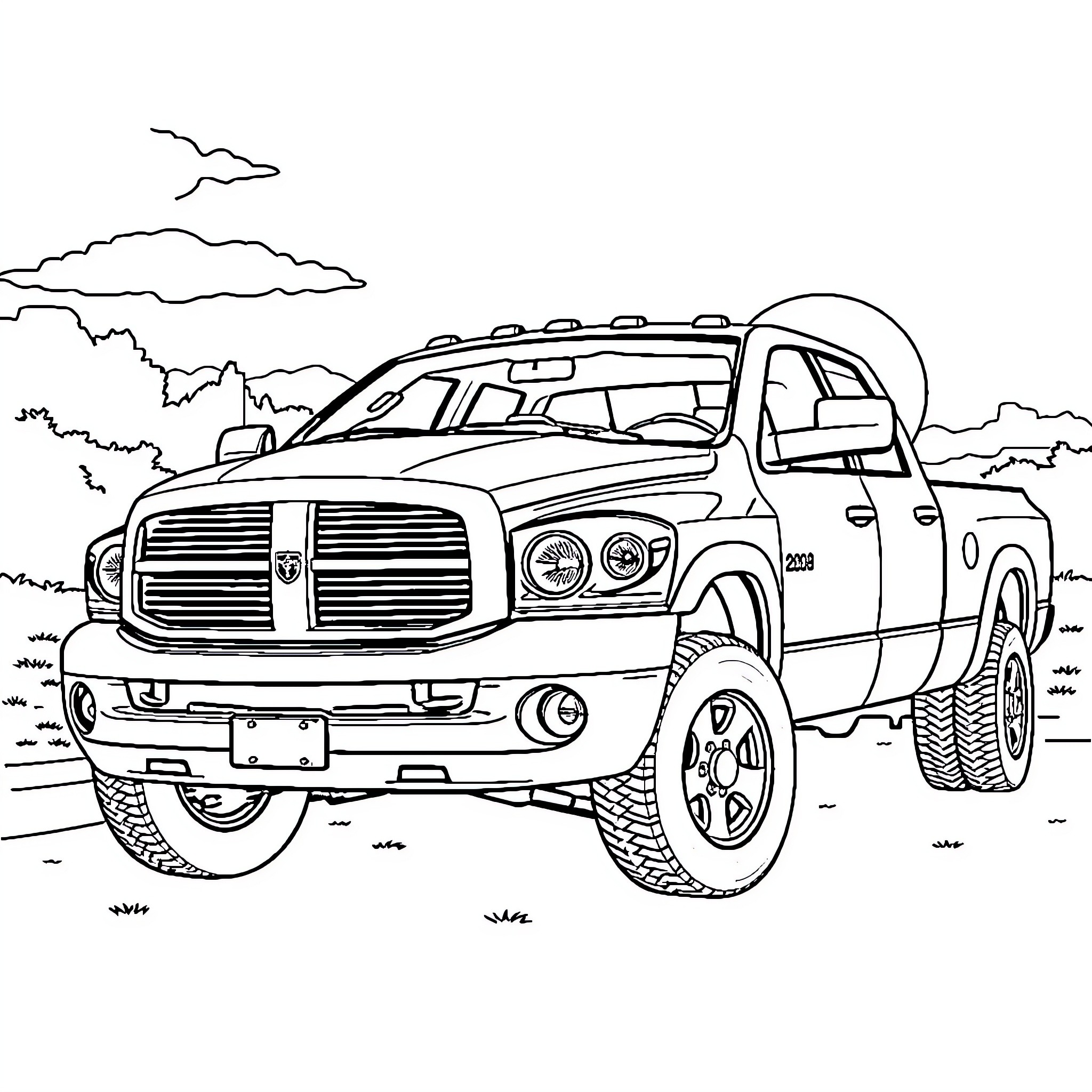 Dodge pickup truck navigating rugged terrain Coloring Page (free black-and-white line drawing printable PDF for all, from beginners to advanced learners, including children, teens, adults, and seniors)