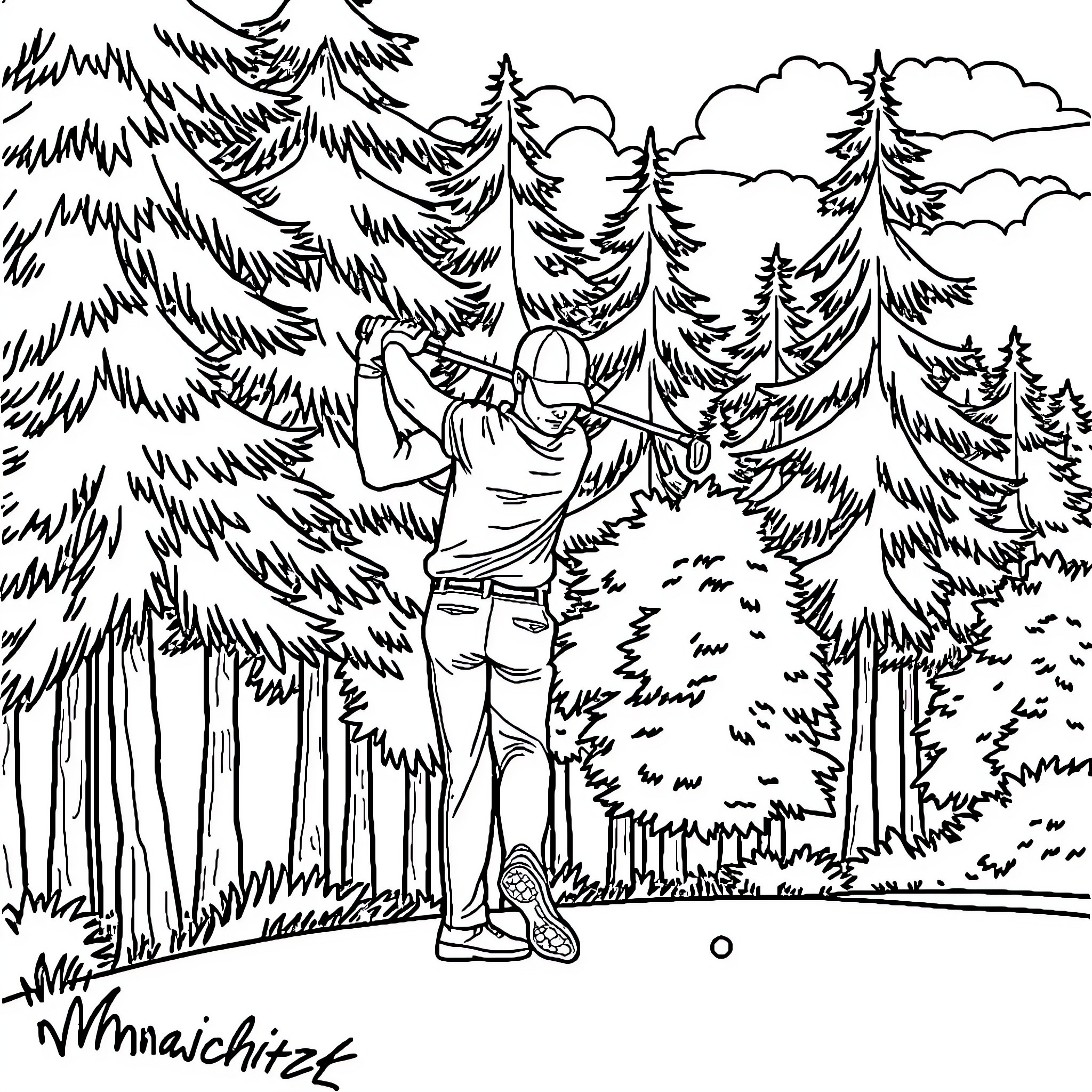 Golfer enjoys serene forest landscape Coloring Page (free black-and-white line drawing printable PDF for all, from beginners to advanced learners, including children, teens, adults, and seniors)