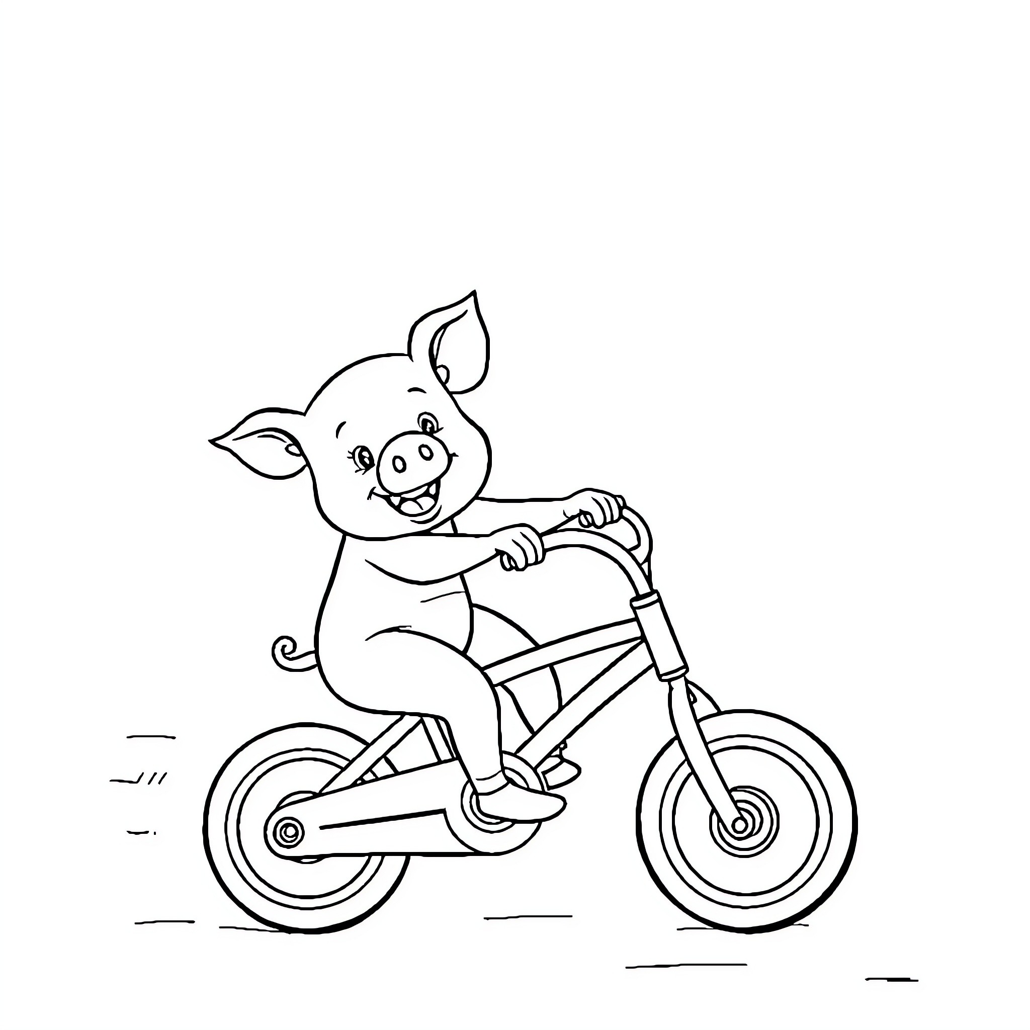 Baby Pig riding a bicycle with joy Coloring Page (free black-and-white line drawing printable PDF for all, from beginners to advanced learners, including children, teens, adults, and seniors)