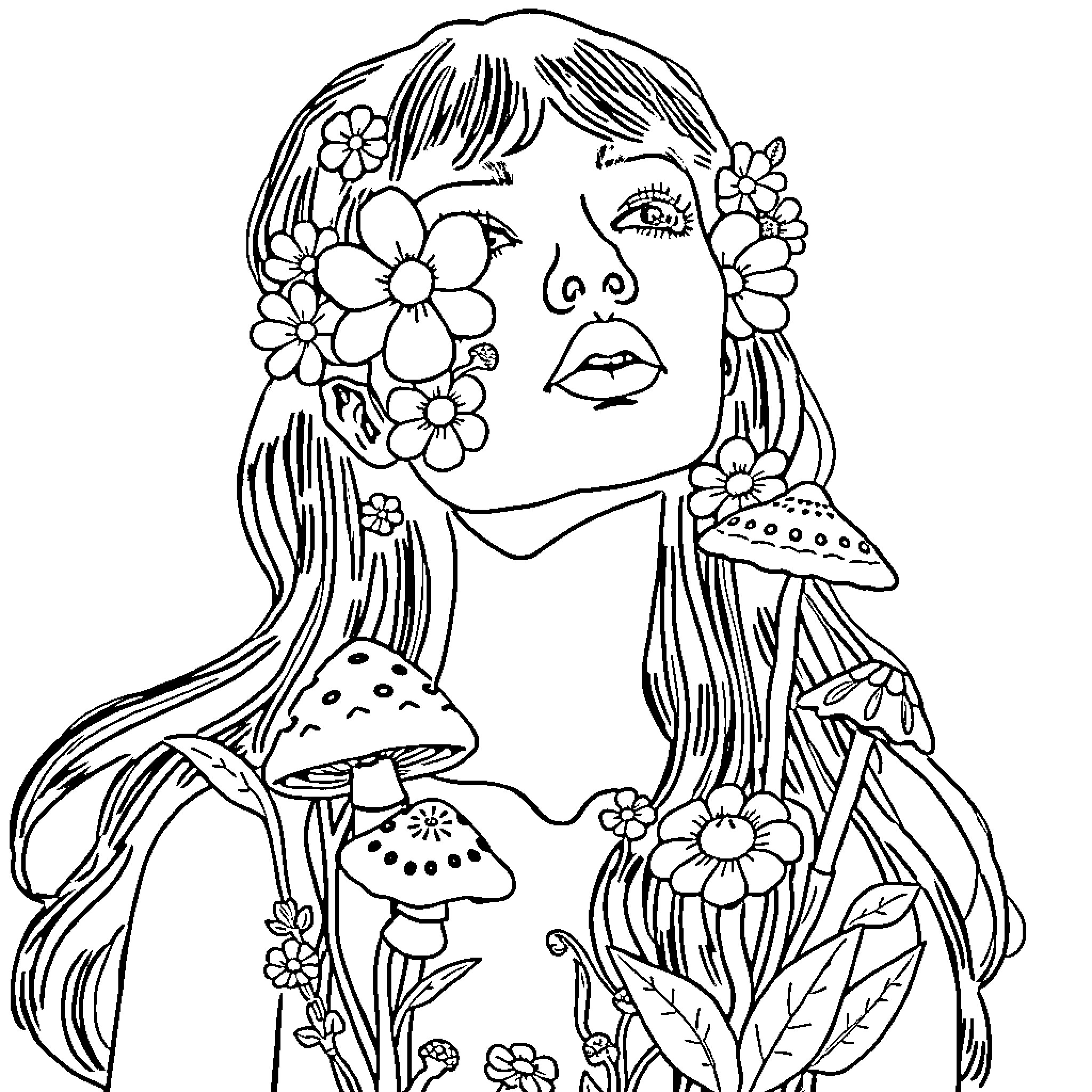 Woman with Floral Headpiece and Whimsical Design Coloring Page (free black-and-white line drawing printable PDF for all, from beginners to advanced learners, including children, teens, adults, and seniors)