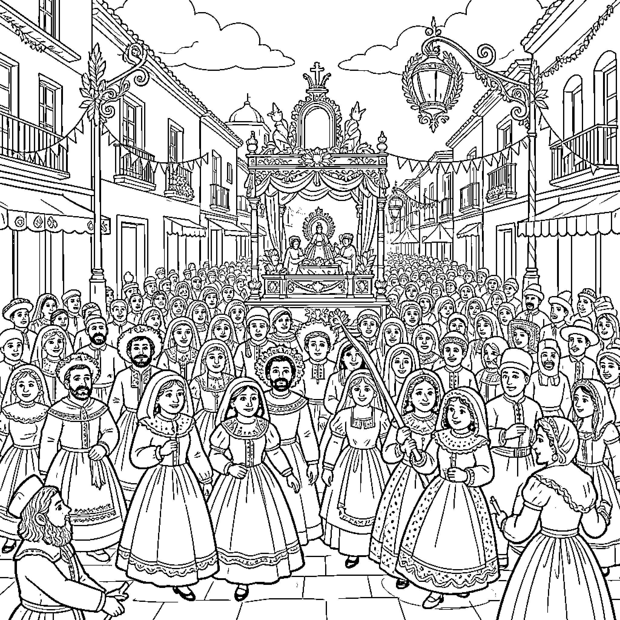 Holy Week Celebration in a Traditional Town Coloring Page (free black-and-white line drawing printable PDF for all, from beginners to advanced learners, including children, teens, adults, and seniors)