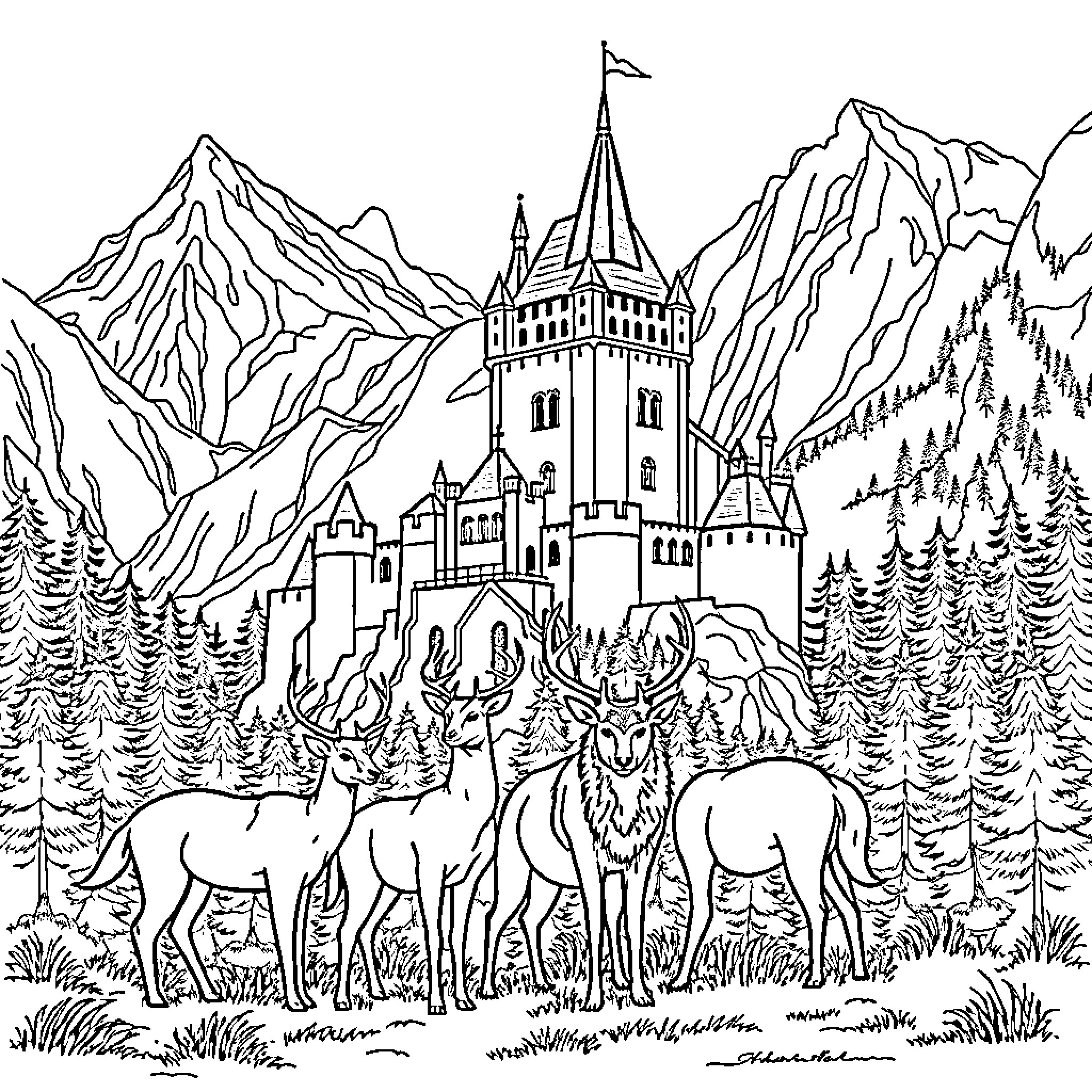 Deer in the enchanted castle landscape Coloring Page (free black-and-white line drawing printable PDF for all, from beginners to advanced learners, including children, teens, adults, and seniors)