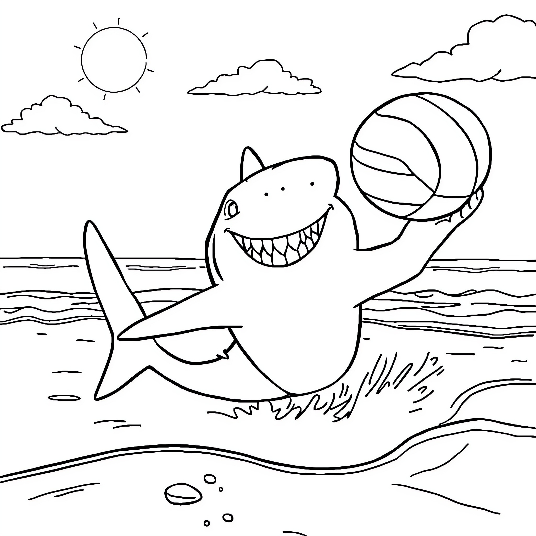 Shark playing with beach ball in the ocean Coloring Page (free black-and-white line drawing printable PDF for all, from beginners to advanced learners, including children, teens, adults, and seniors)