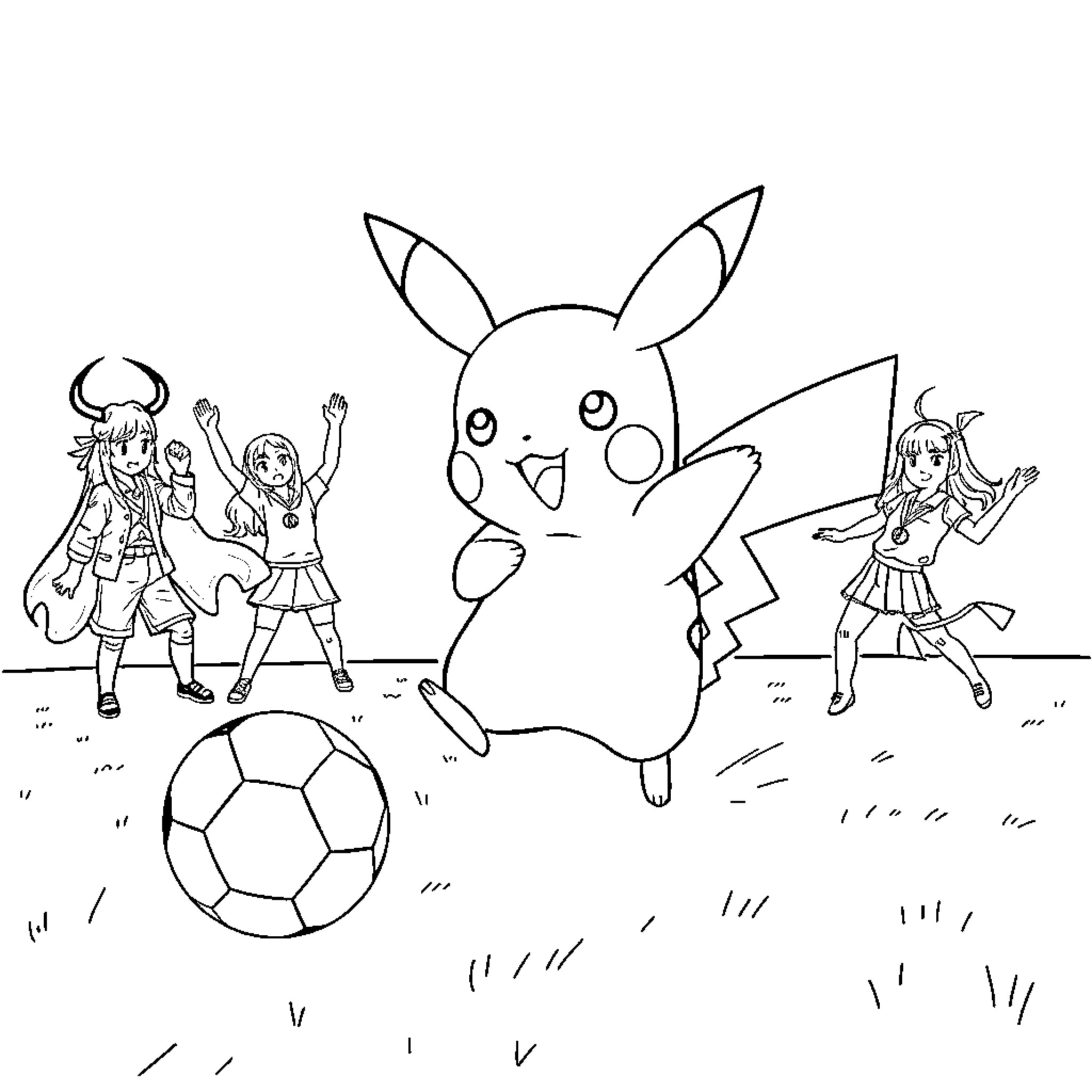 Pikachu playing soccer with trainers Coloring Page (free black-and-white line drawing printable PDF for all, from beginners to advanced learners, including children, teens, adults, and seniors)