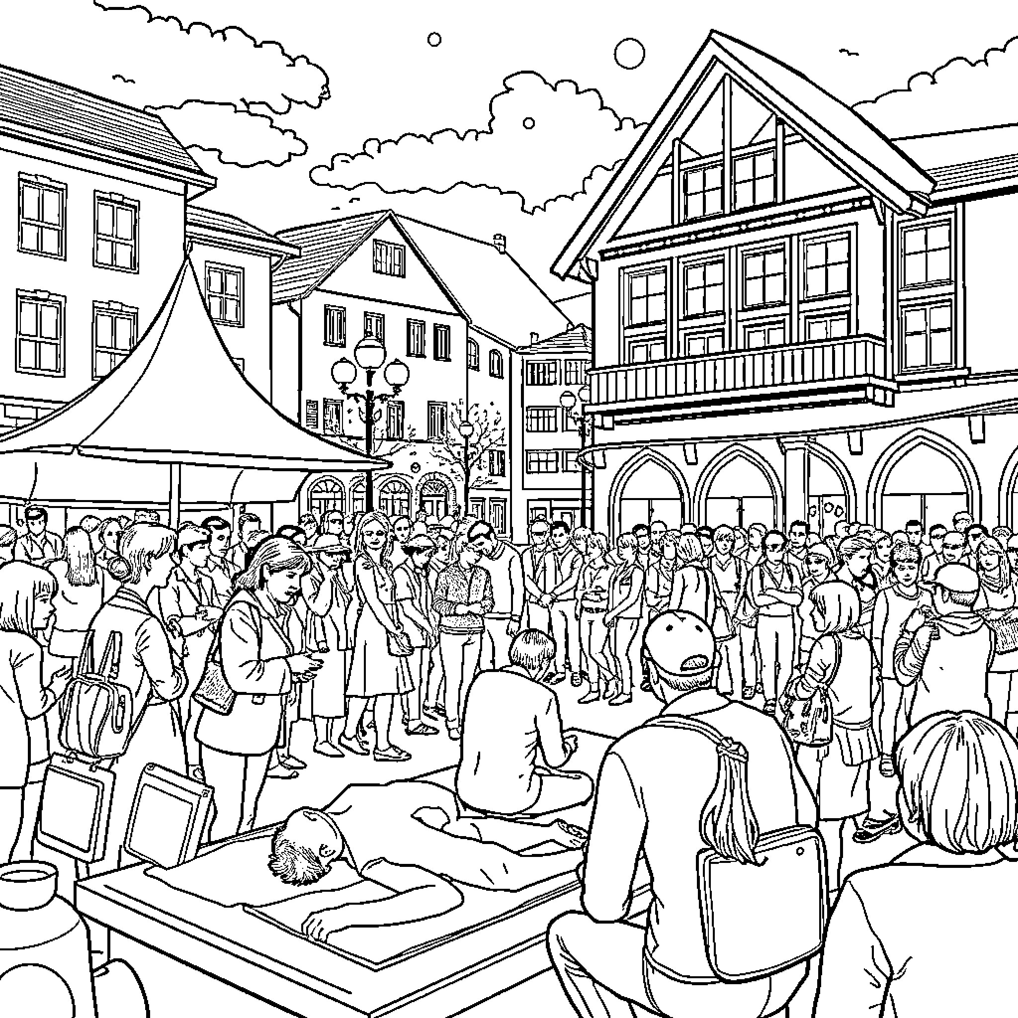 World of Bustling Market and Community Gathering Coloring Page (free black-and-white line drawing printable PDF for all, from beginners to advanced learners, including children, teens, adults, and seniors)