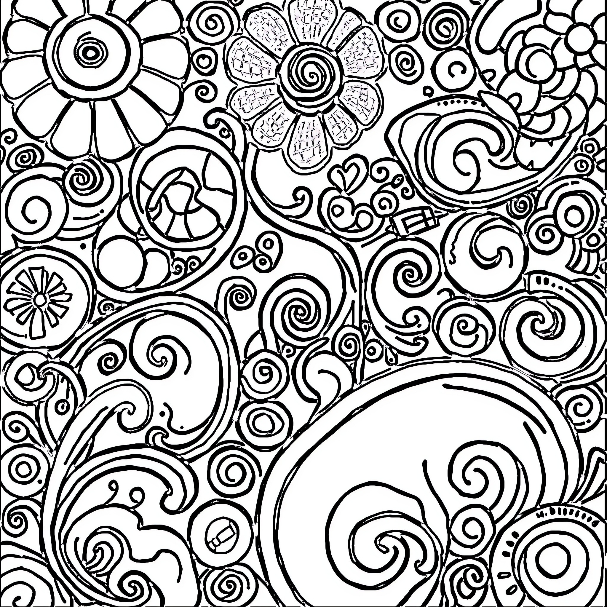 Doodle of Whimsical Floral Patterns Coloring Page (free black-and-white line drawing printable PDF for all, from beginners to advanced learners, including children, teens, adults, and seniors)