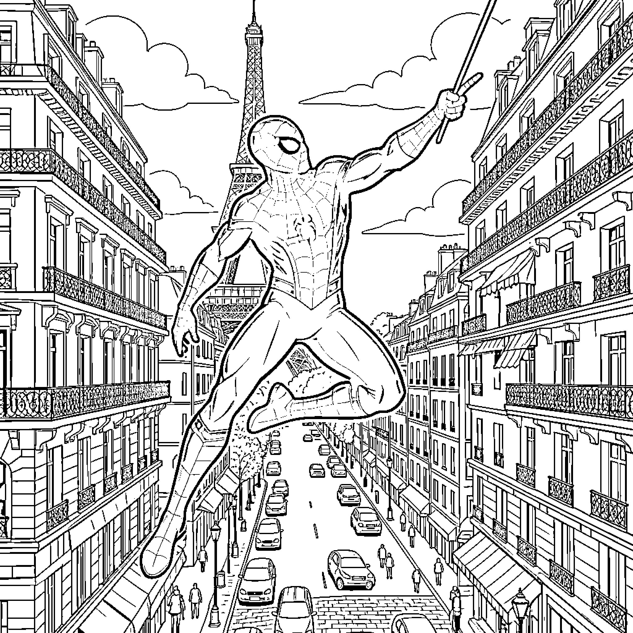 Spiderman swinging through the streets of Paris Coloring Page (free black-and-white line drawing printable PDF for all, from beginners to advanced learners, including children, teens, adults, and seniors)