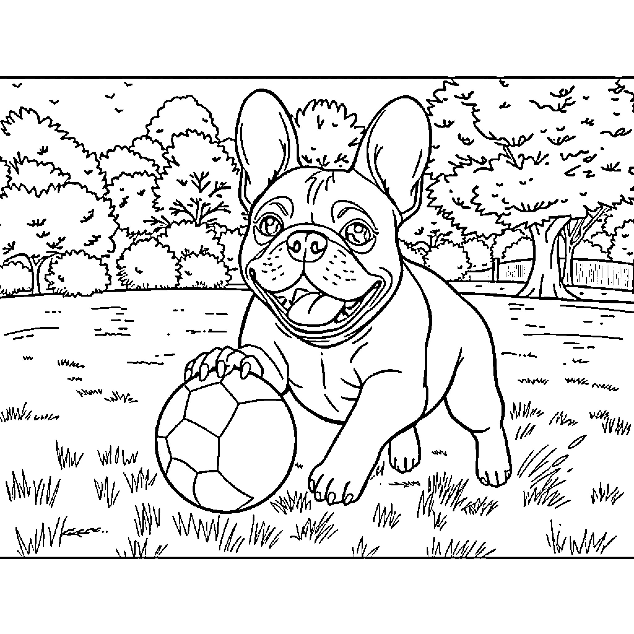 French Bulldog playing joyfully with soccer ball in the park Coloring Page (free black-and-white line drawing printable PDF for all, from beginners to advanced learners, including children, teens, adults, and seniors)